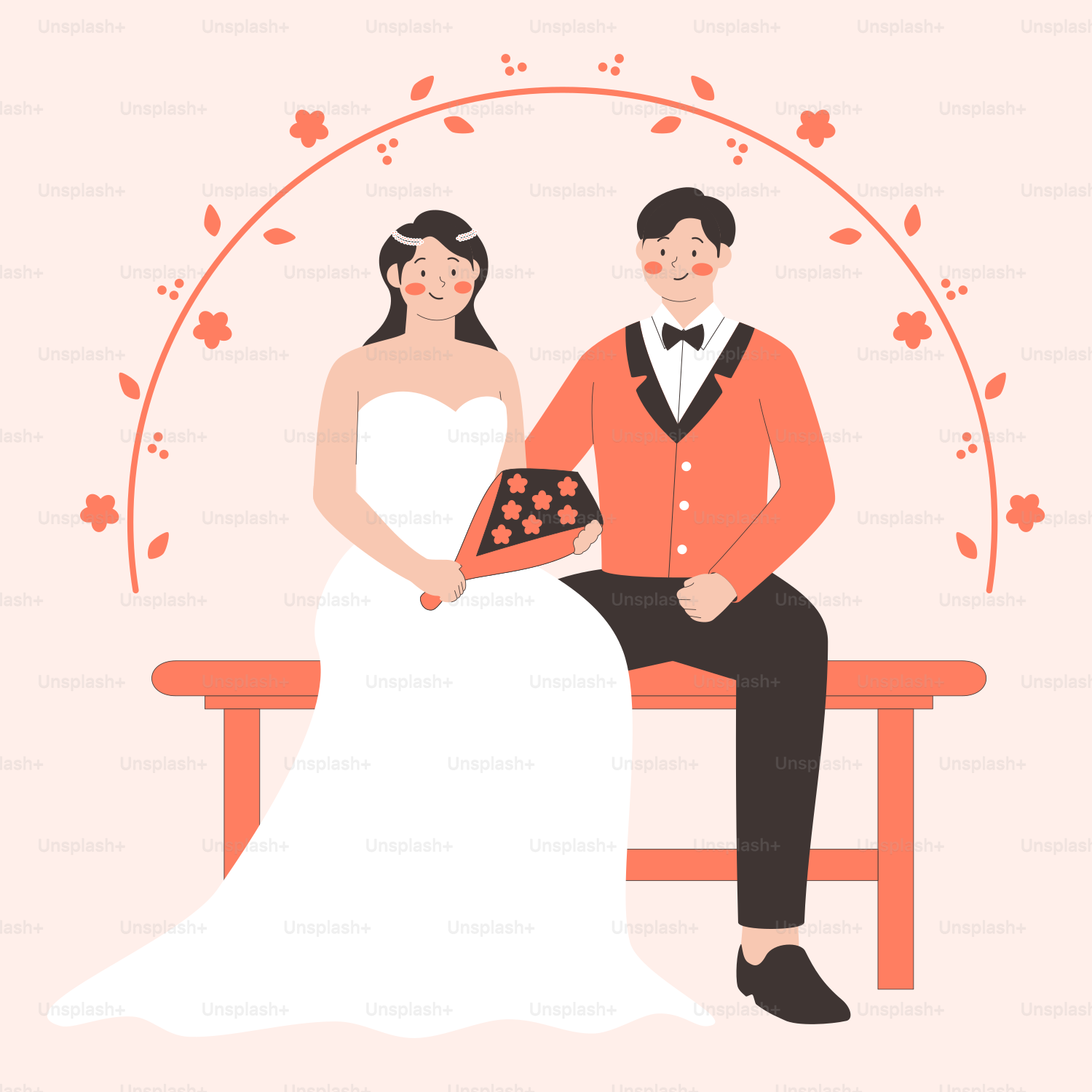 A bride and groom sitting on a bench