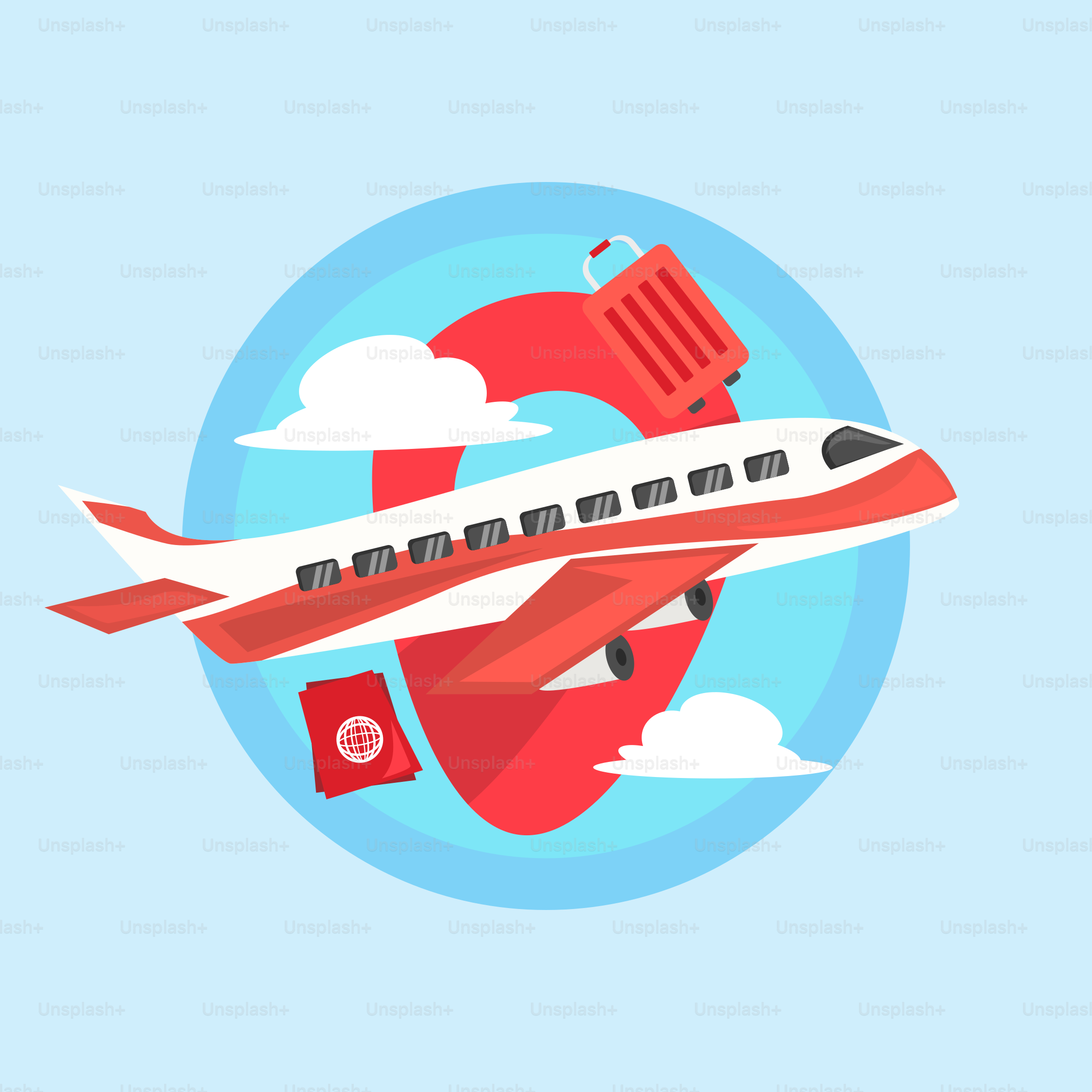 A red and white airplane flying through a blue sky