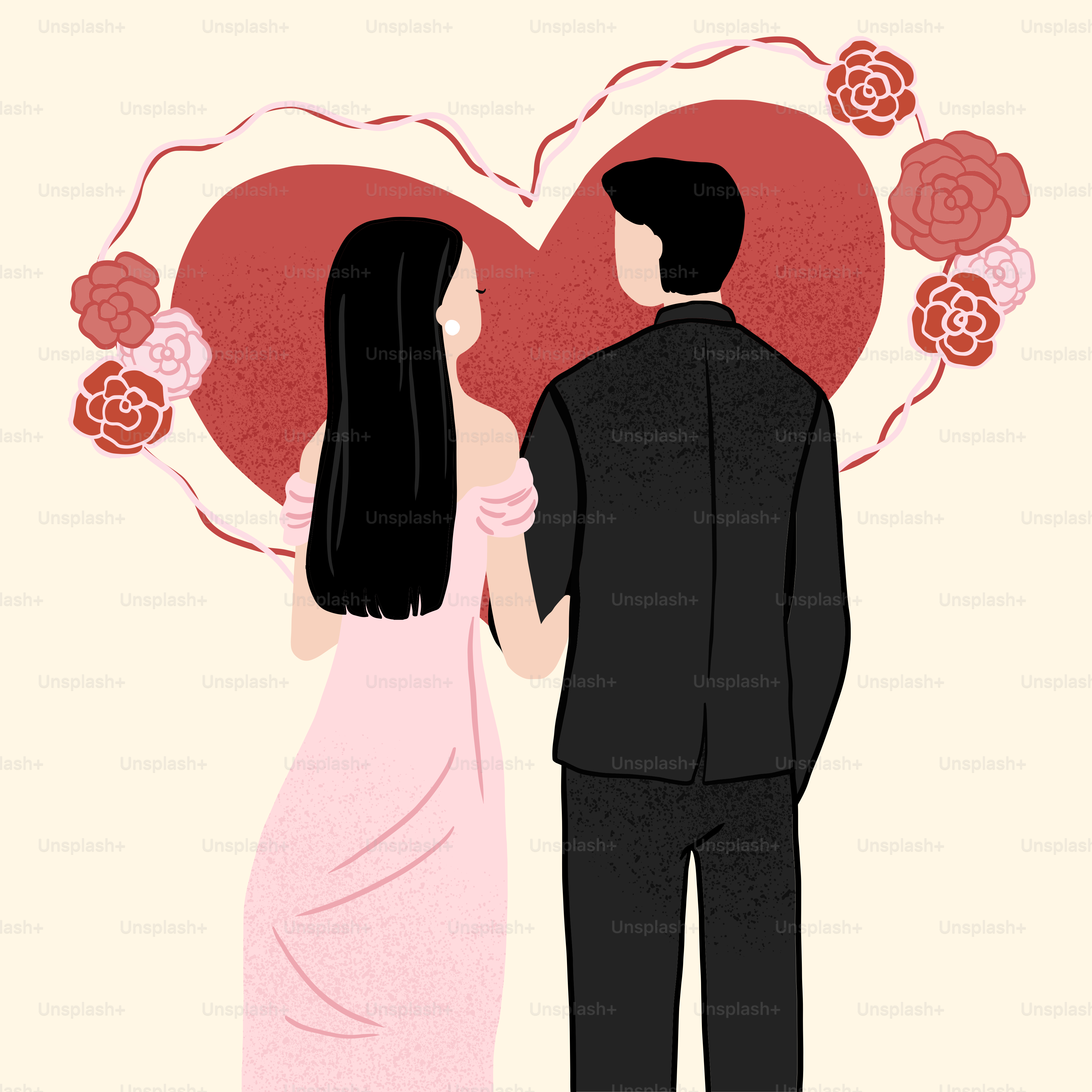 A man and woman standing next to each other in front of a heart