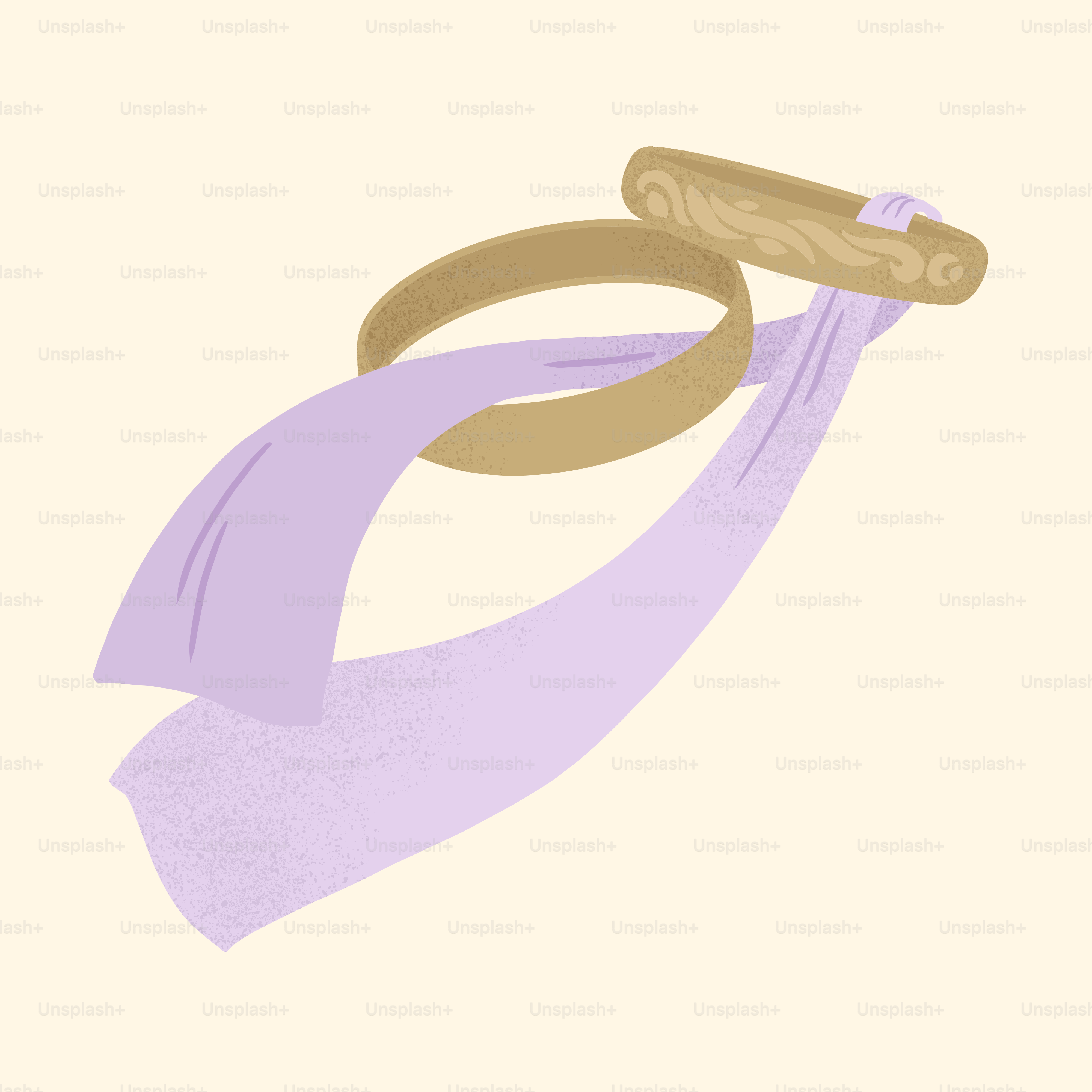 A pair of gold rings with a purple ribbon
