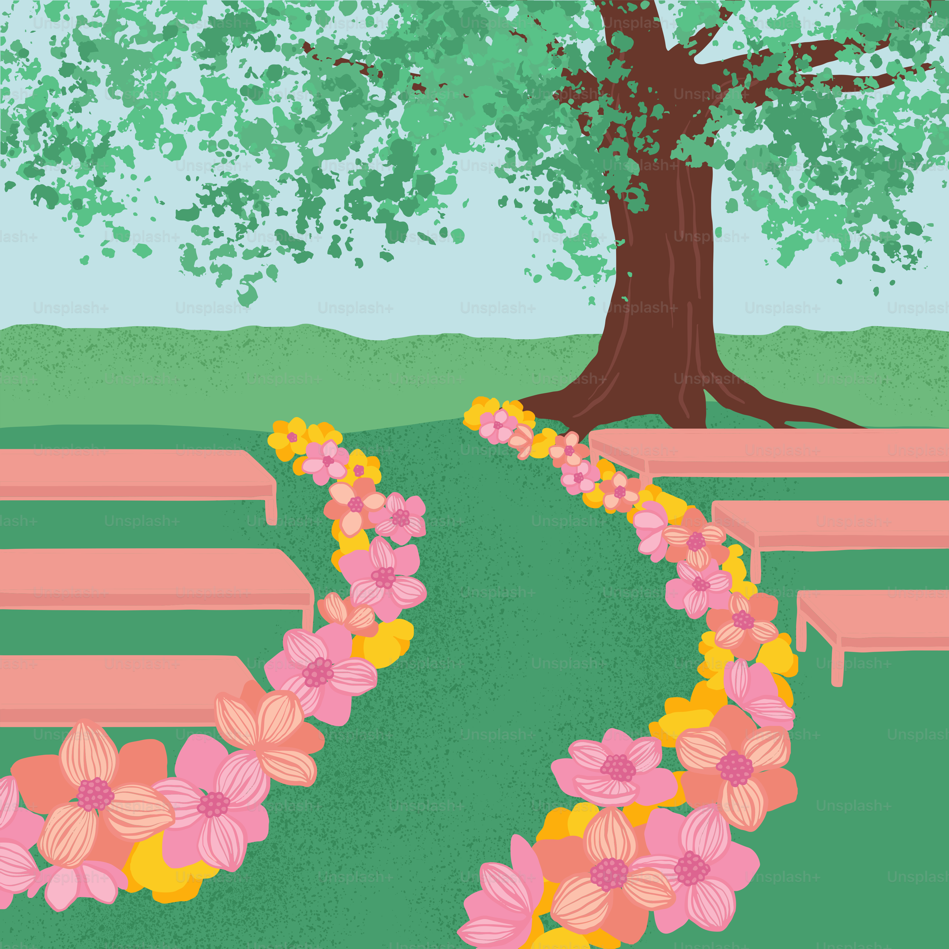 A painting of a park bench with flowers on it