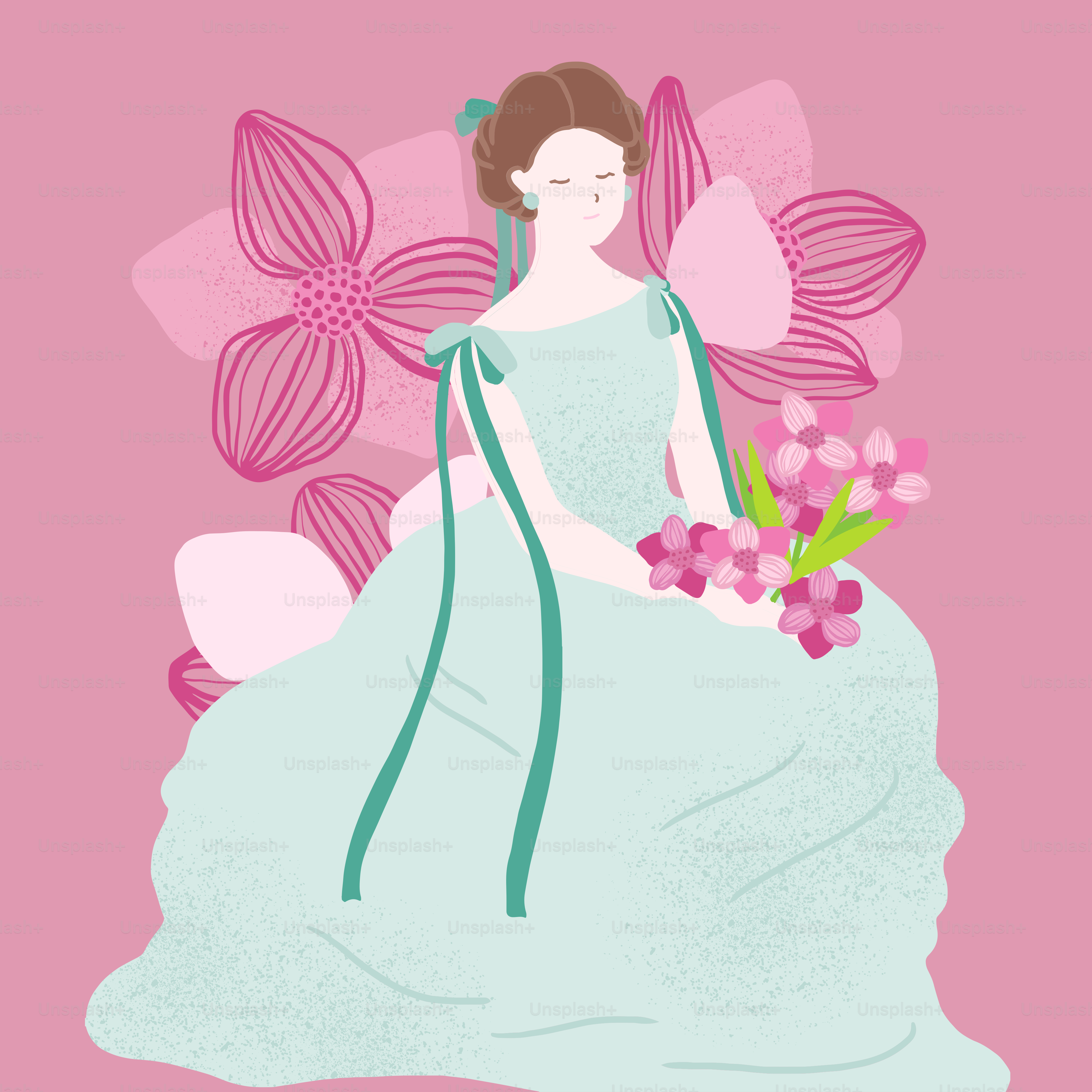 A woman in a dress holding a bouquet of flowers