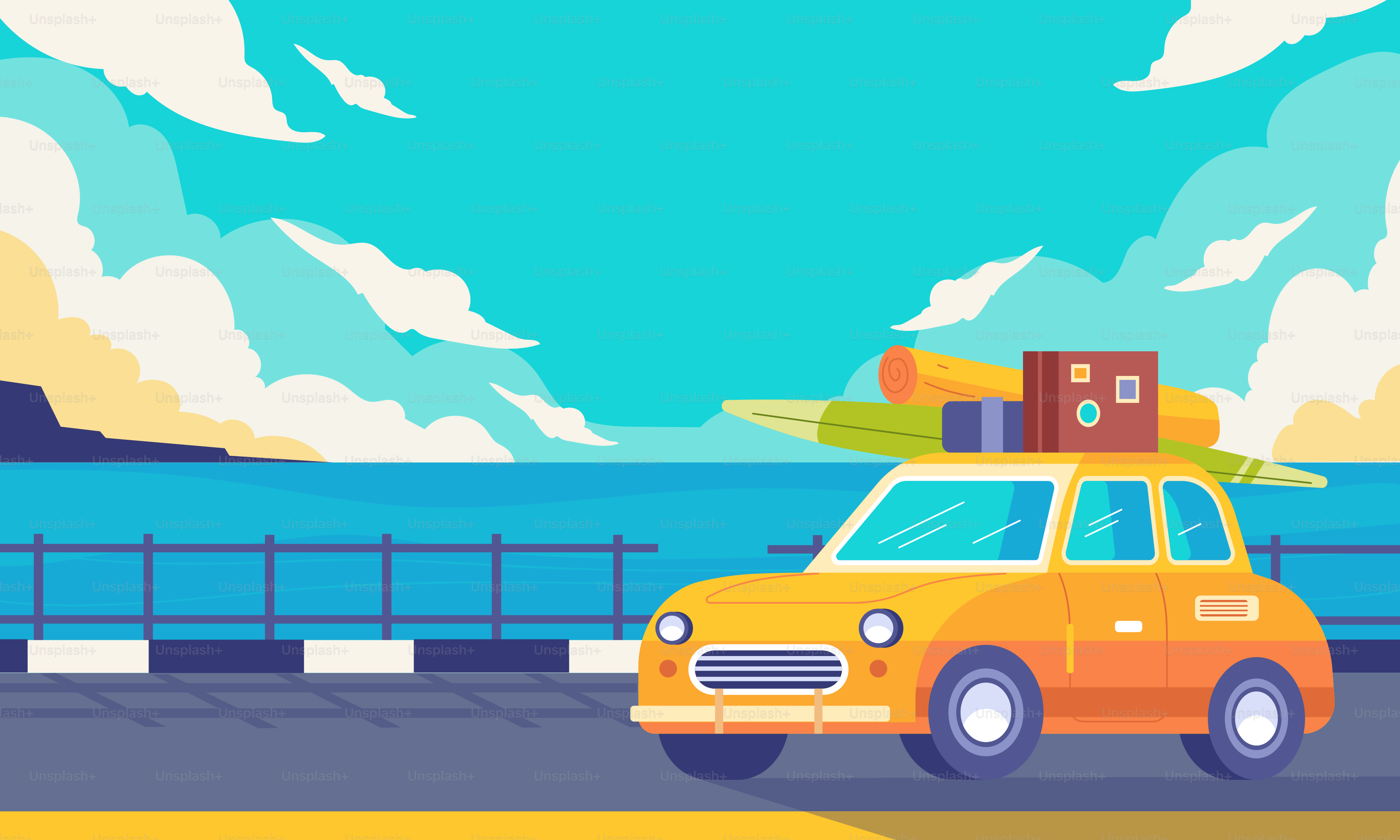 Une voiture jaune roulant sur une route au bord de l’océan