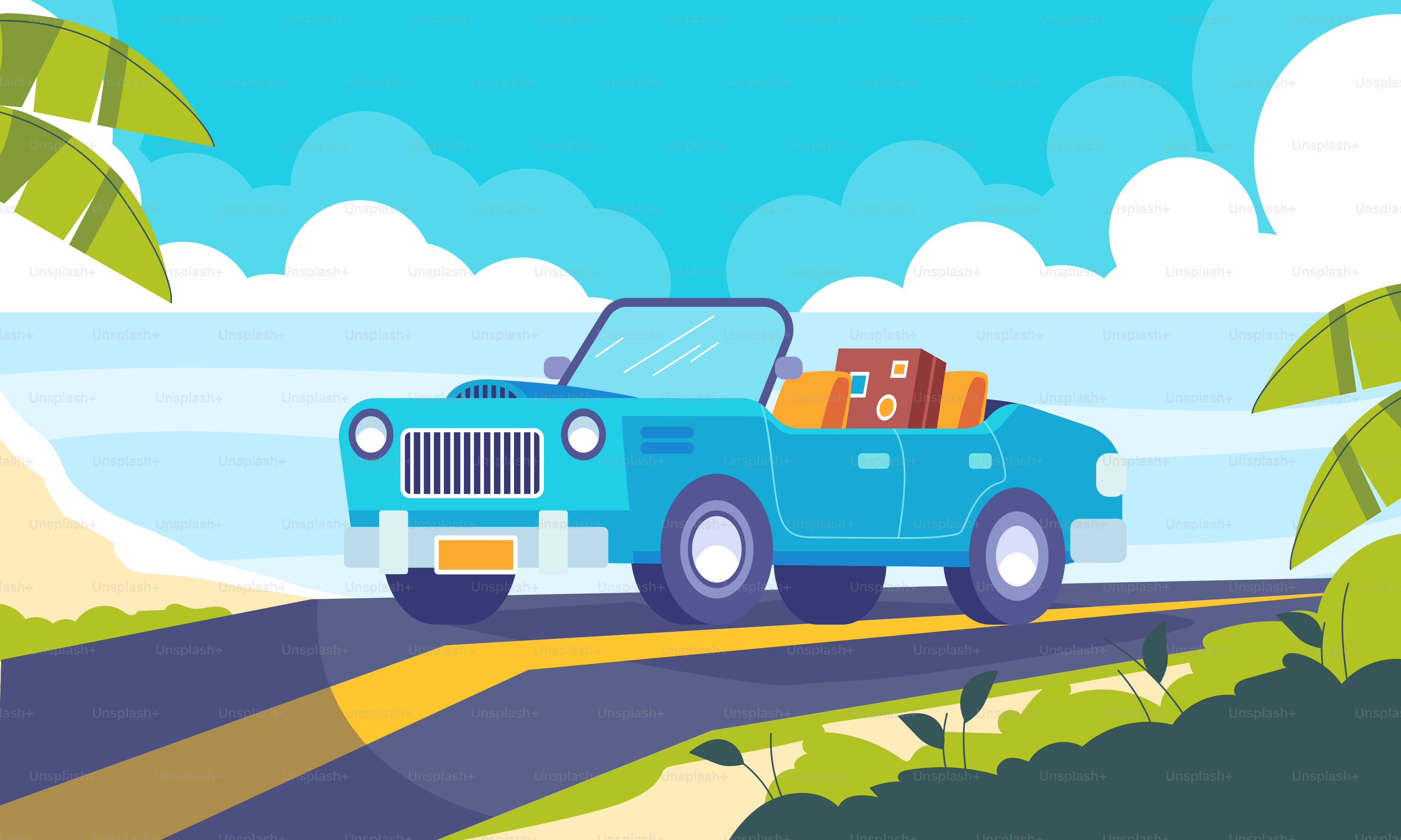 A blue car driving down a road next to the ocean
