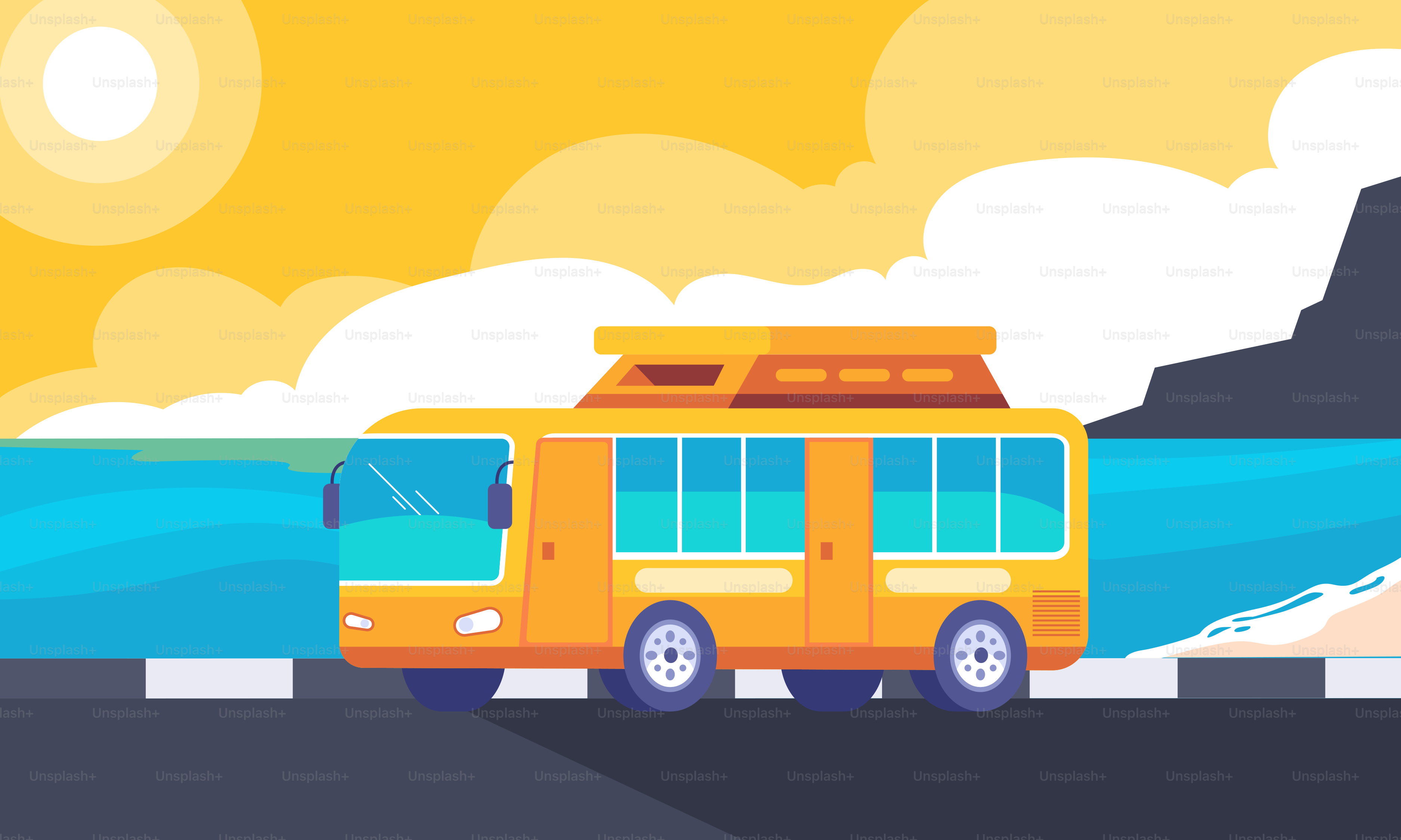 Un autobús amarillo circulando por una carretera junto a una montaña