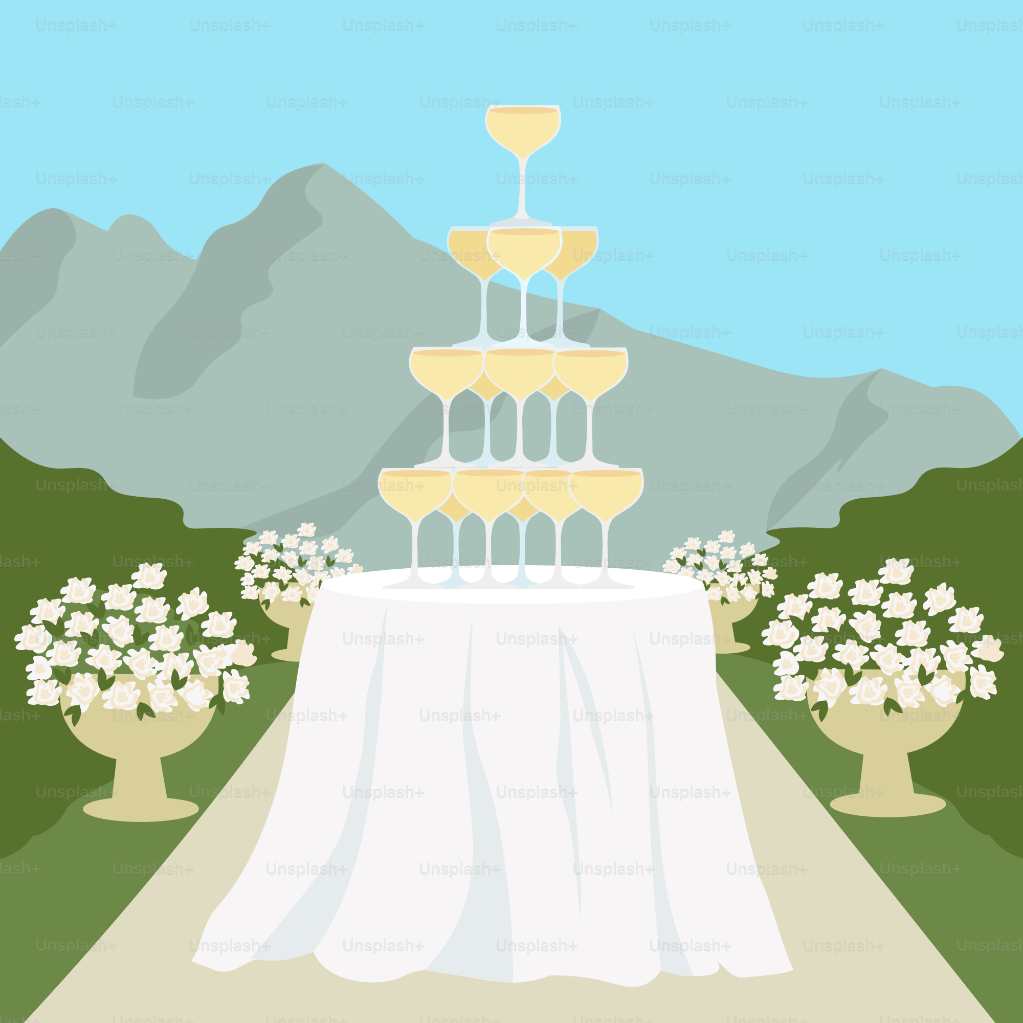 A table topped with a white table cloth and two wine glasses on top of it