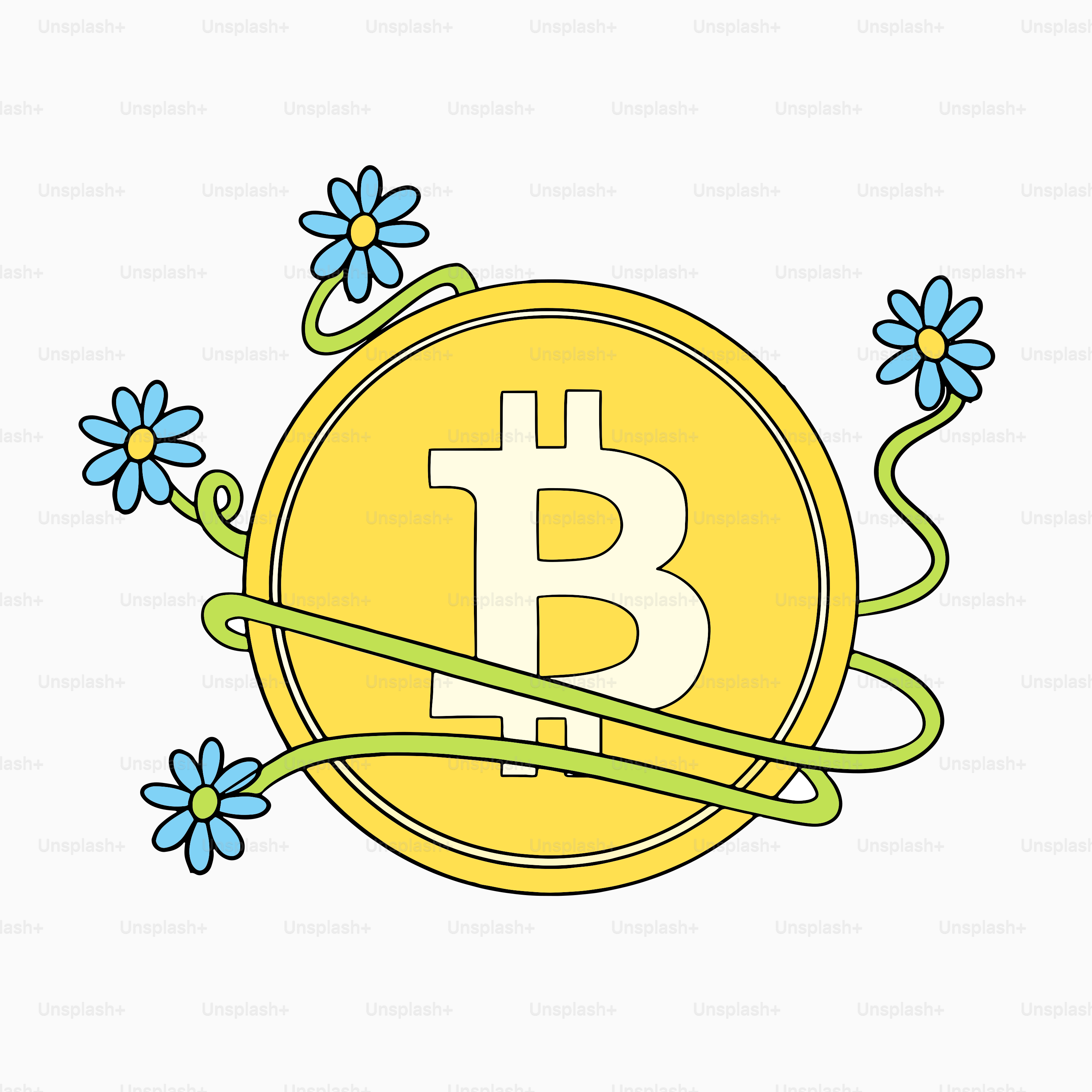 A bitcoin surrounded by blue flowers and a green cord