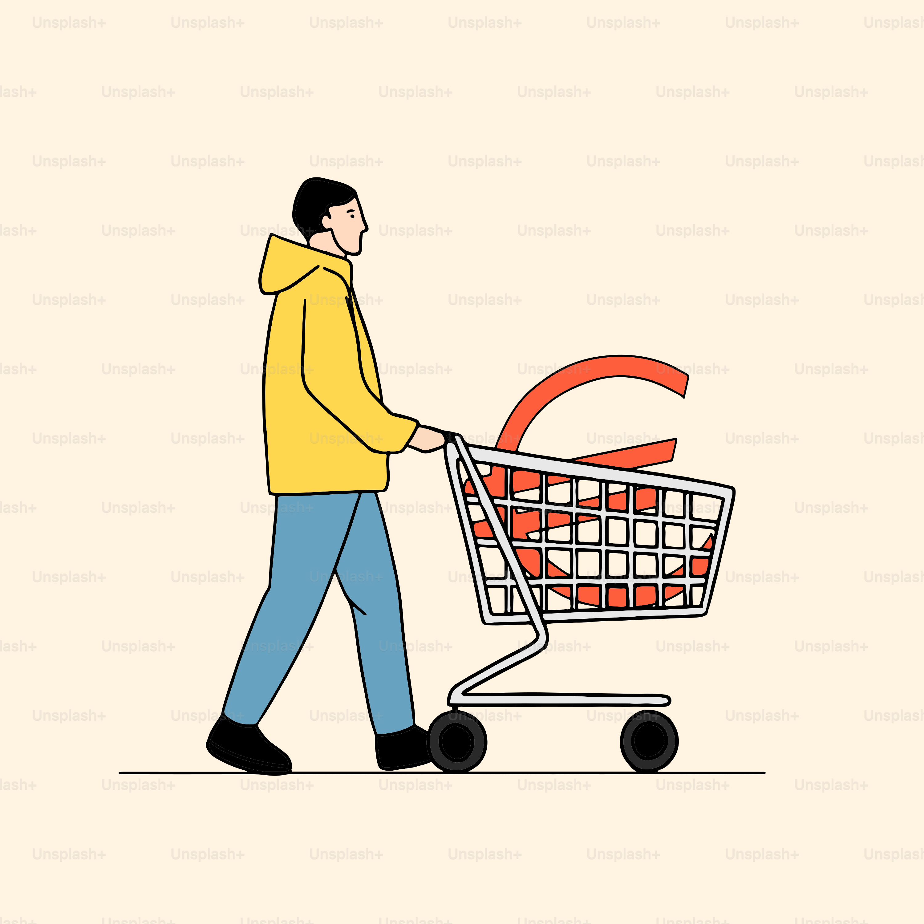 Un homme poussant un chariot de courses avec un panneau rouge dessus