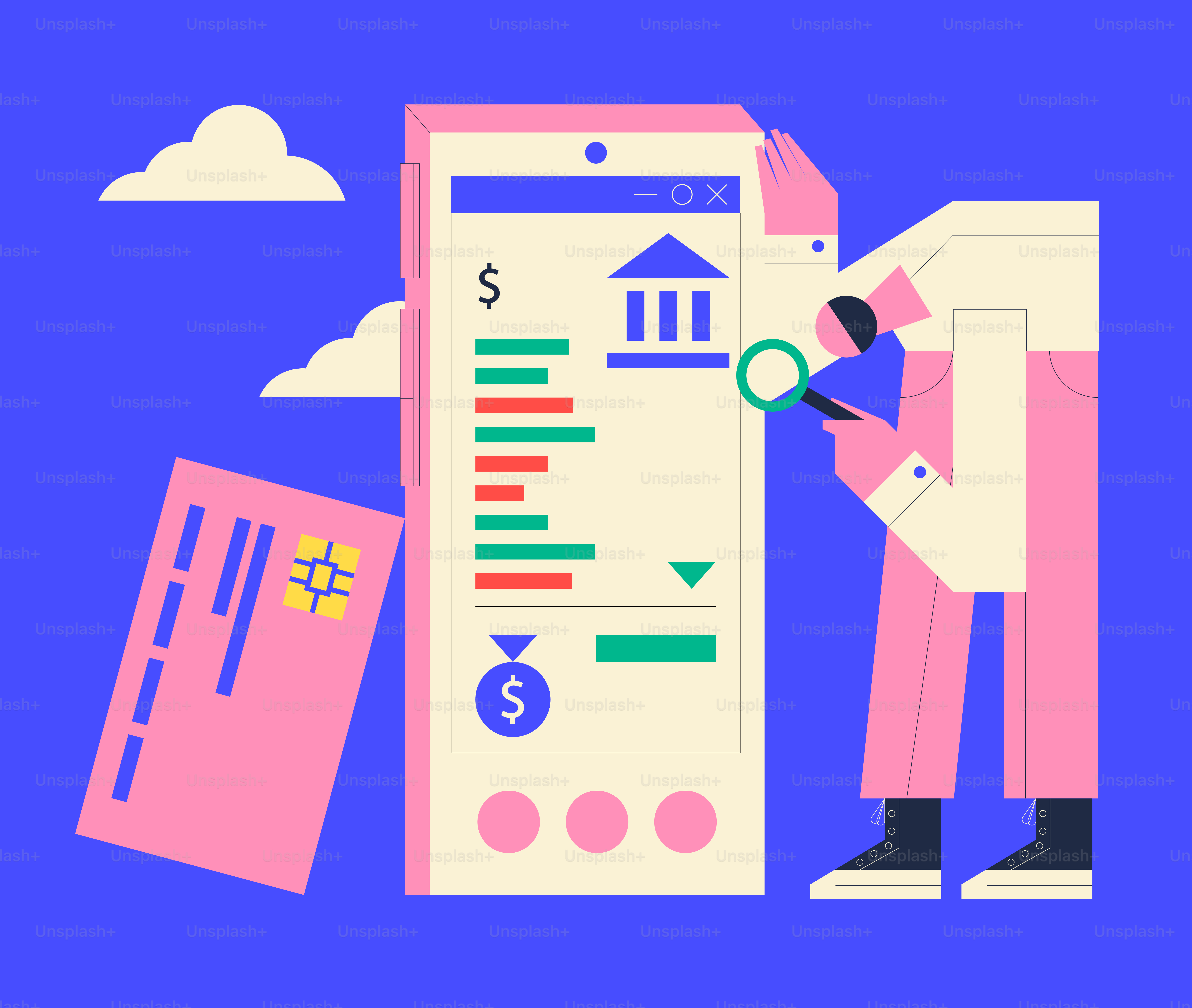 A man looking at a large document with a magnifying glass