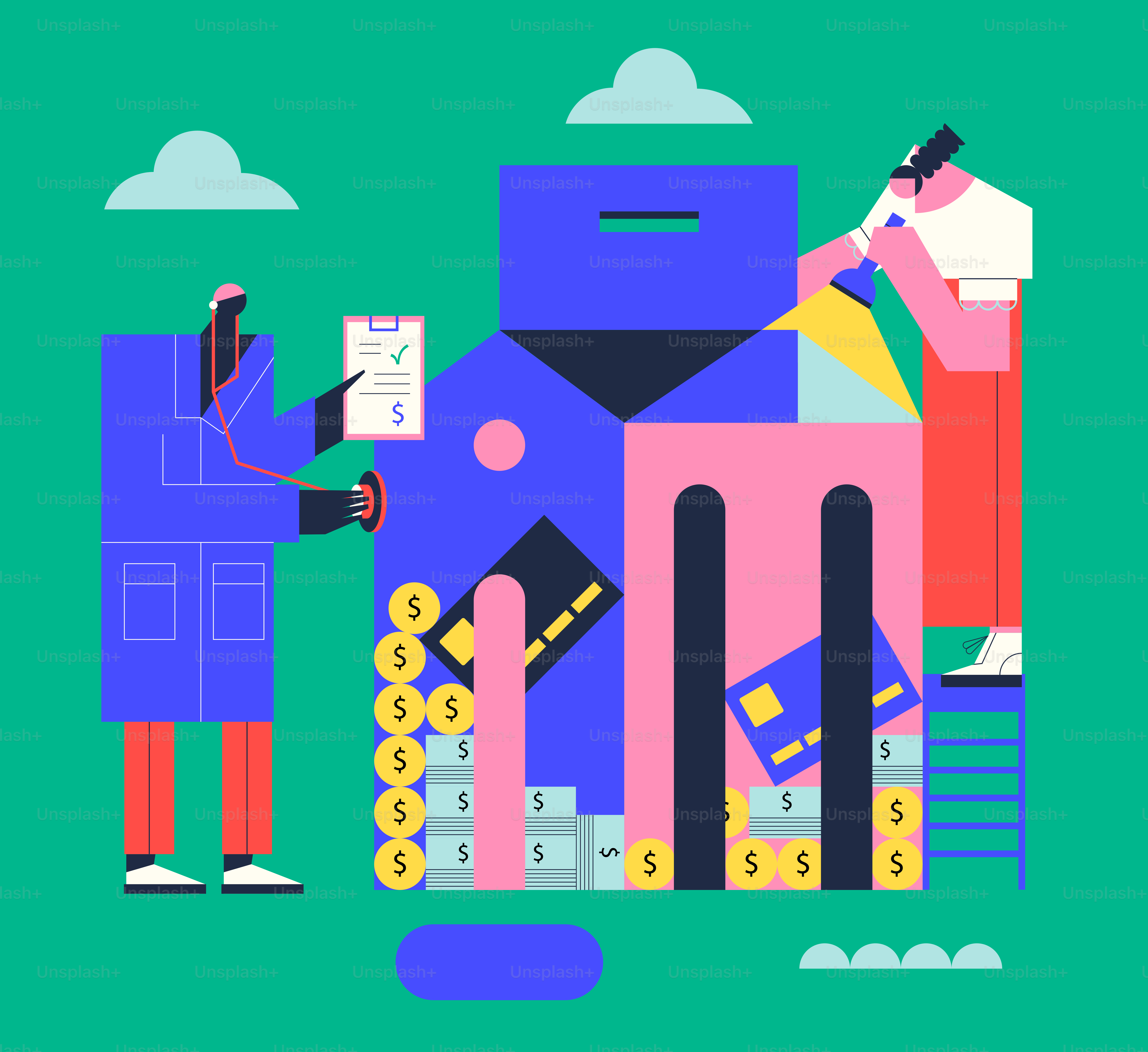 A man standing next to a pile of money