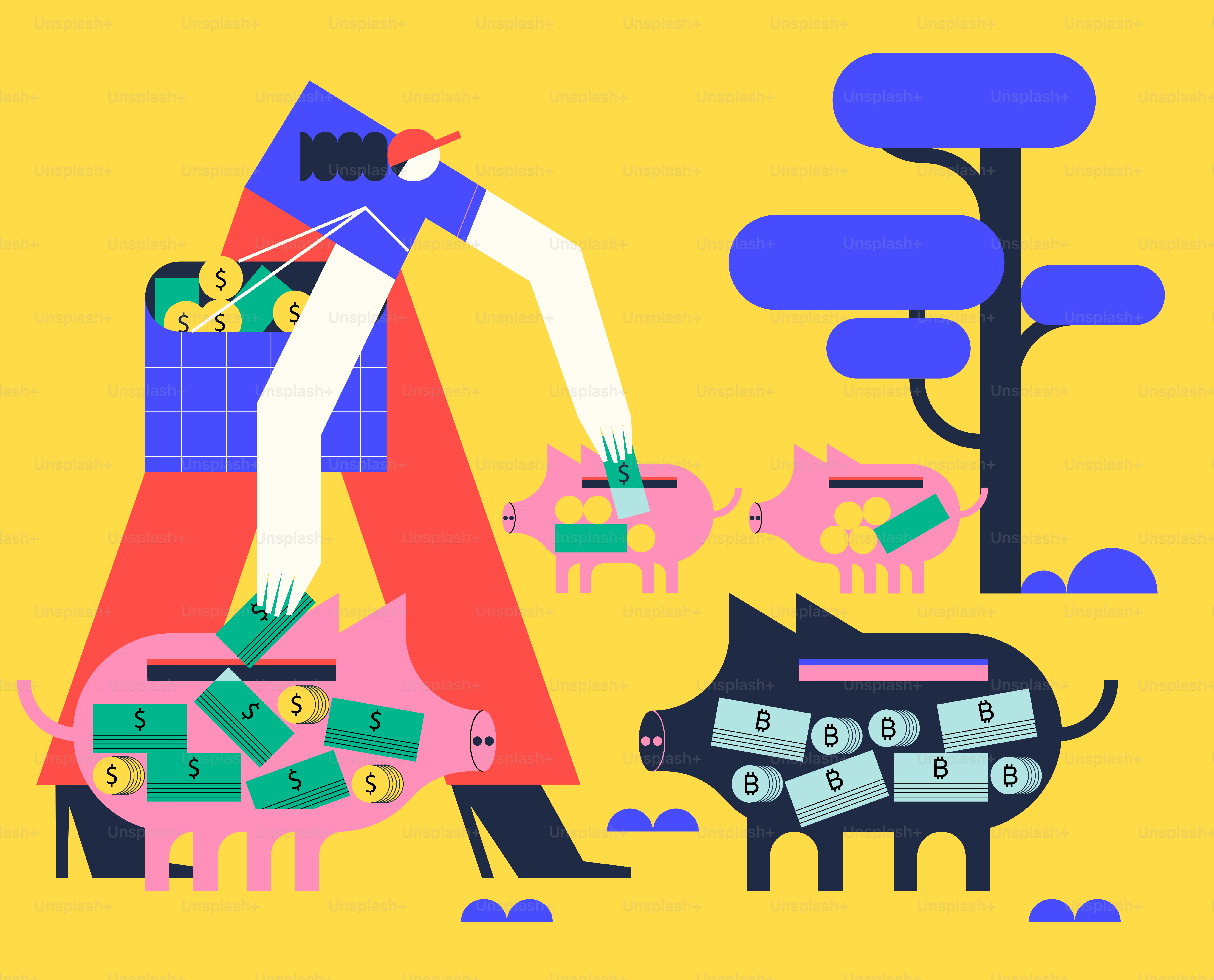 A man in a cape is throwing money into a piggy bank