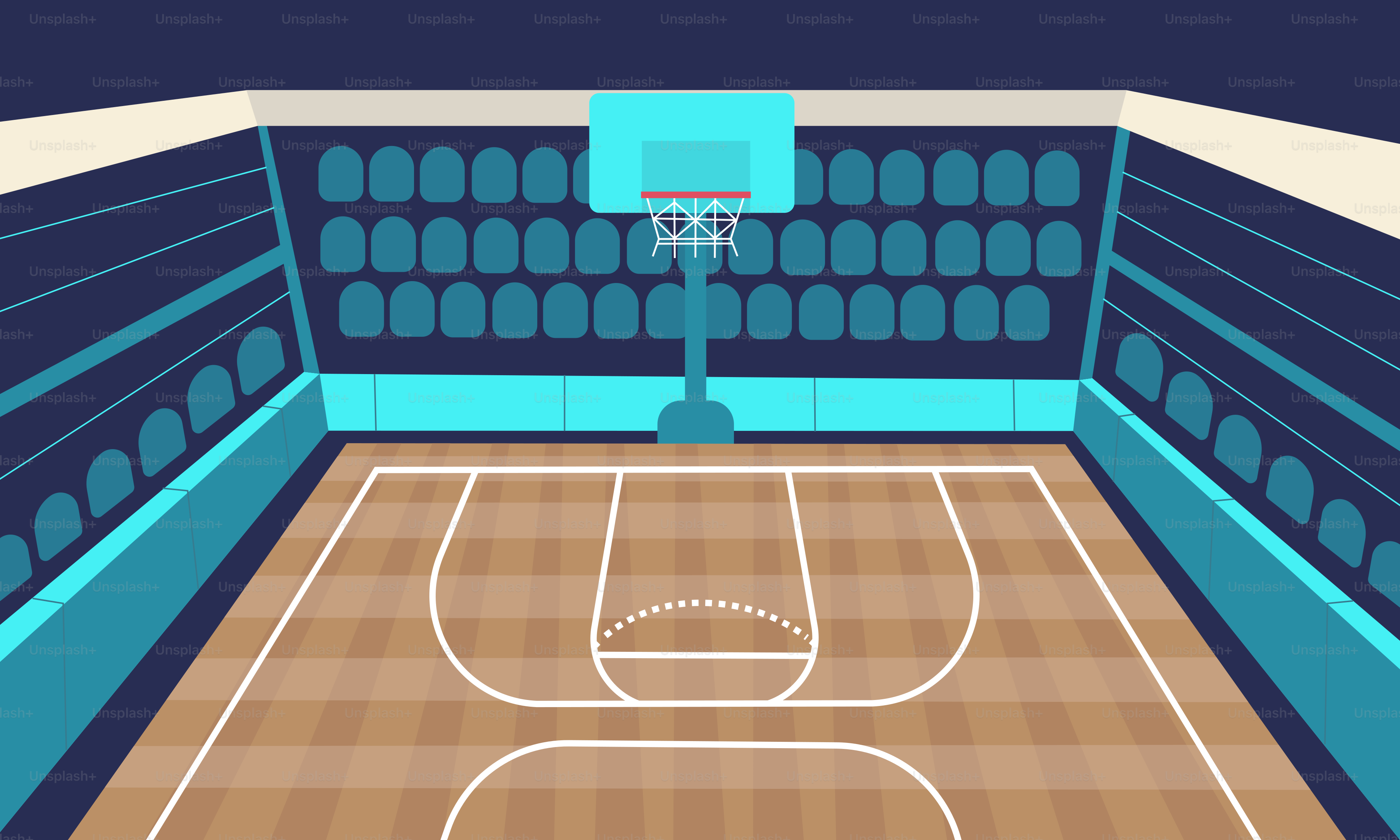 Ein Basketballfeld mit einem Basketballkorb in der Mitte