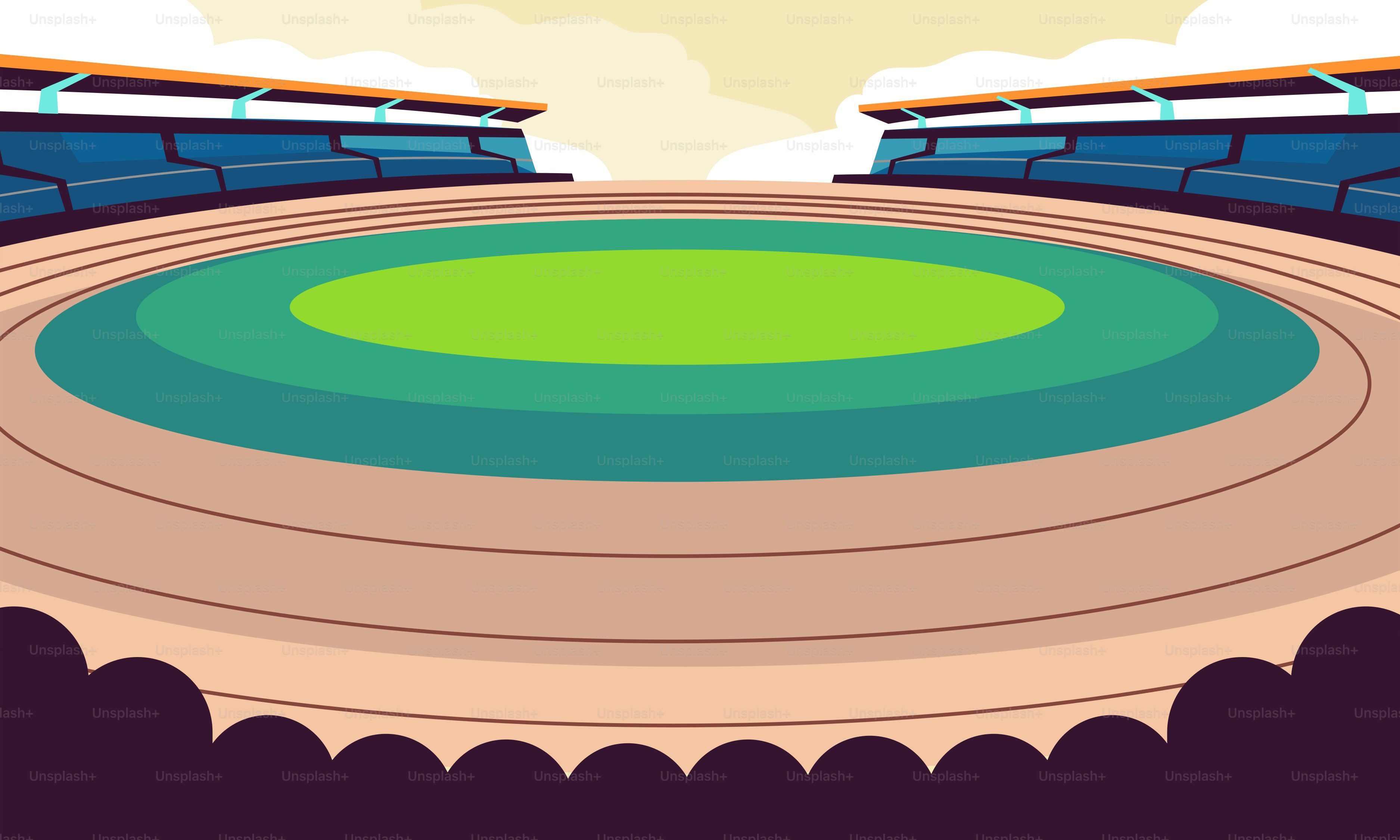 An illustration of a stadium with a green field