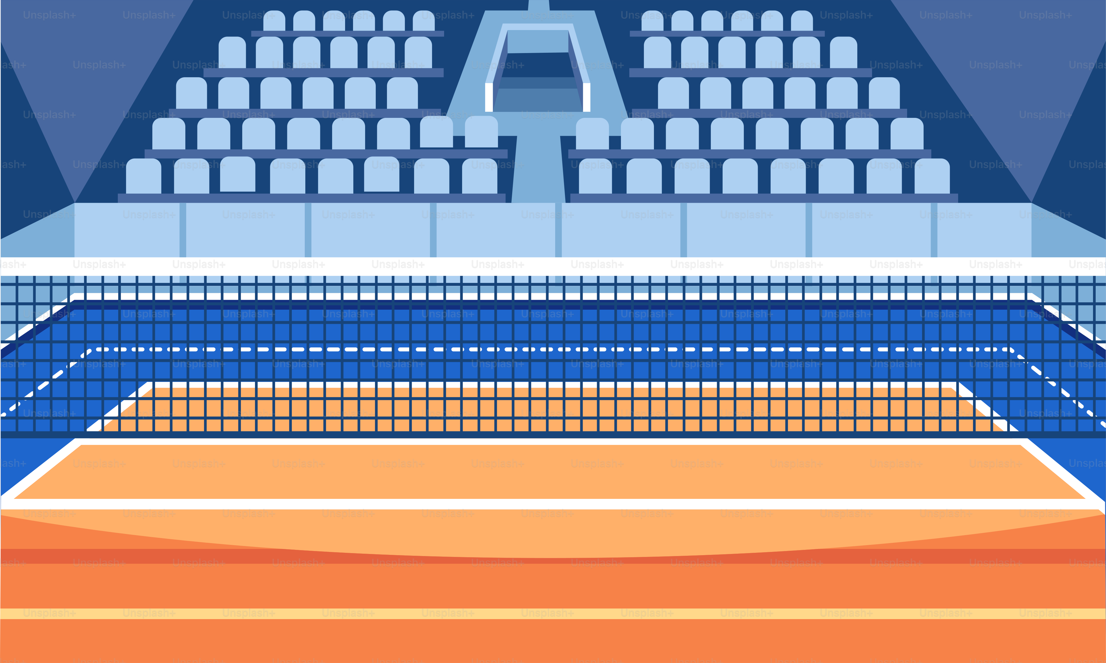 A tennis court with chairs and a net