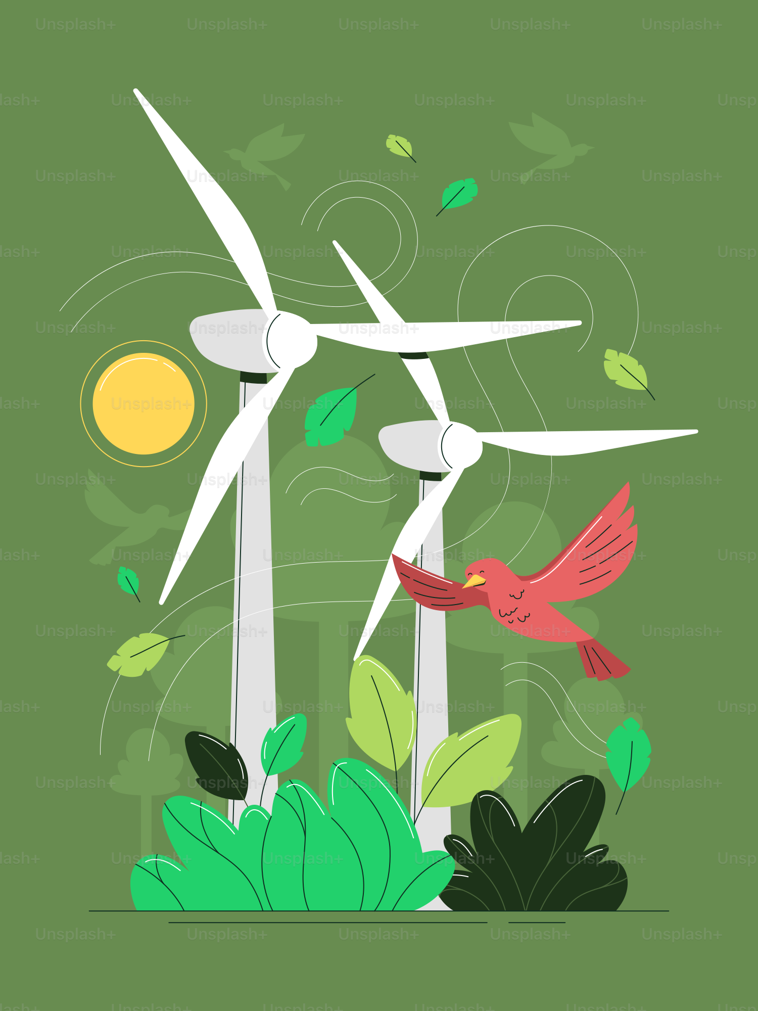A green background with wind turbines and birds