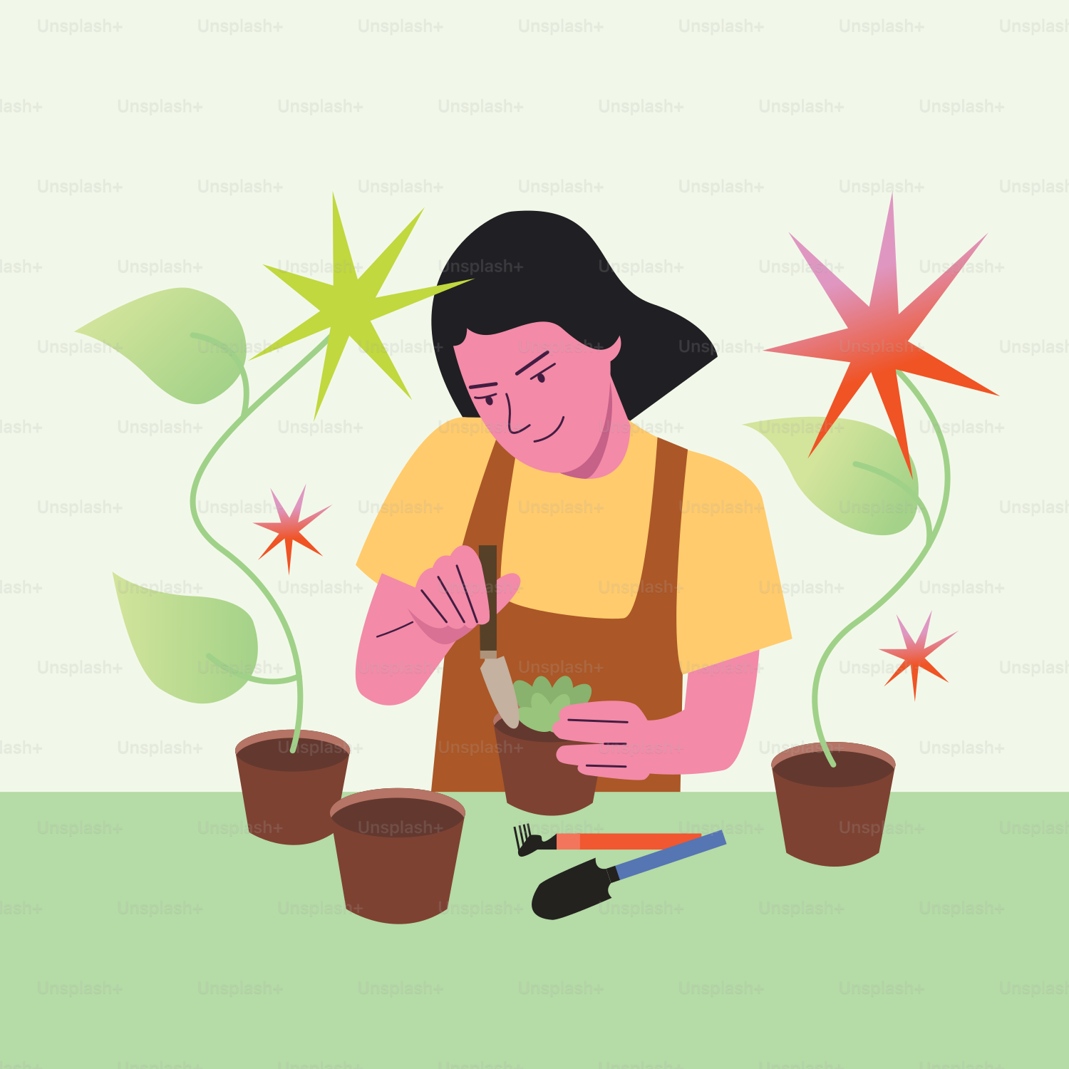 A woman kneeling down next to a potted plant