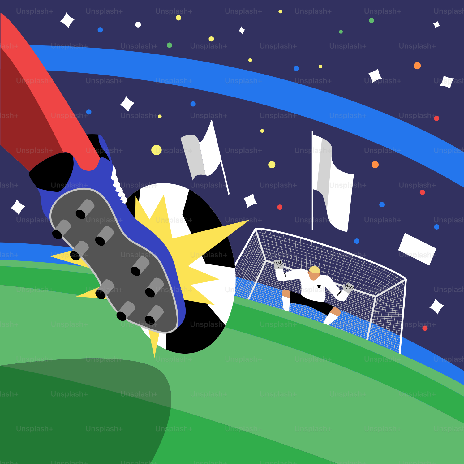 A cartoon picture of a soccer player kicking a ball