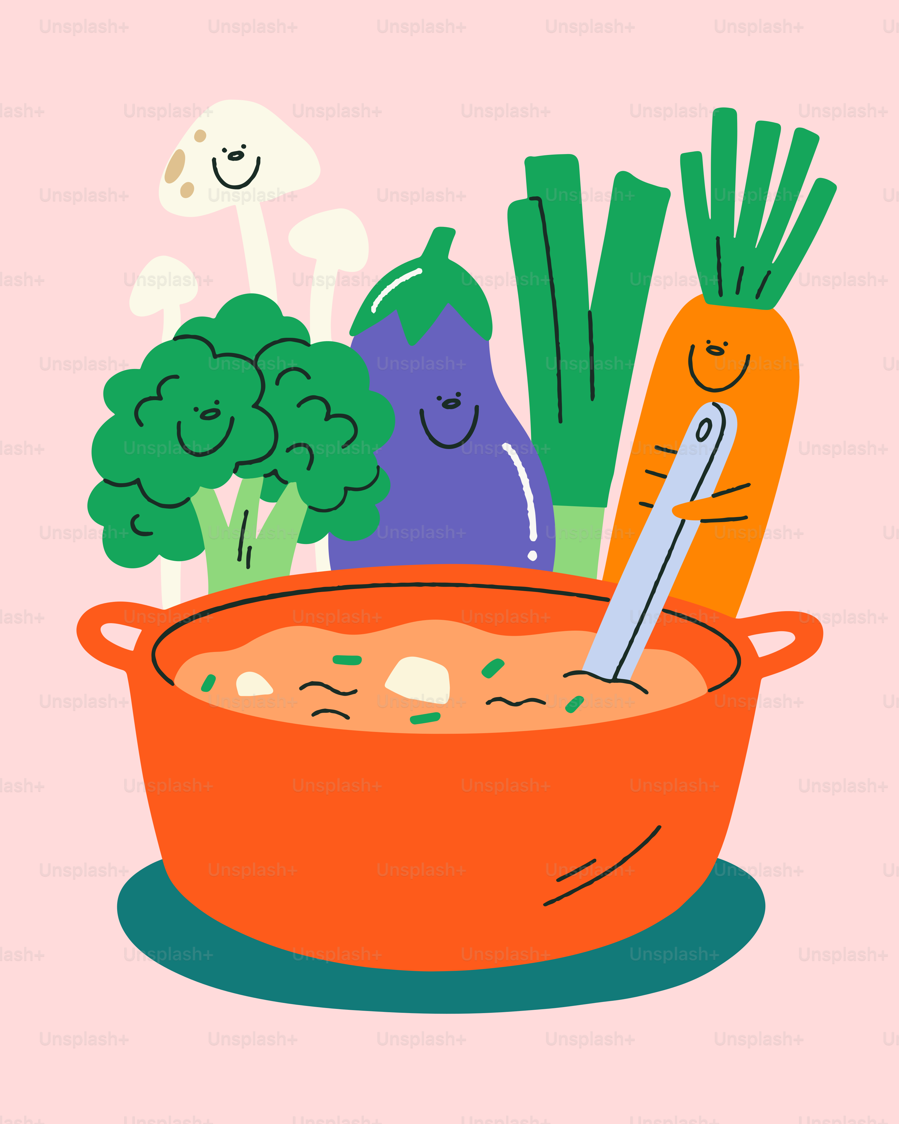 A bowl of soup with vegetables on a pink background