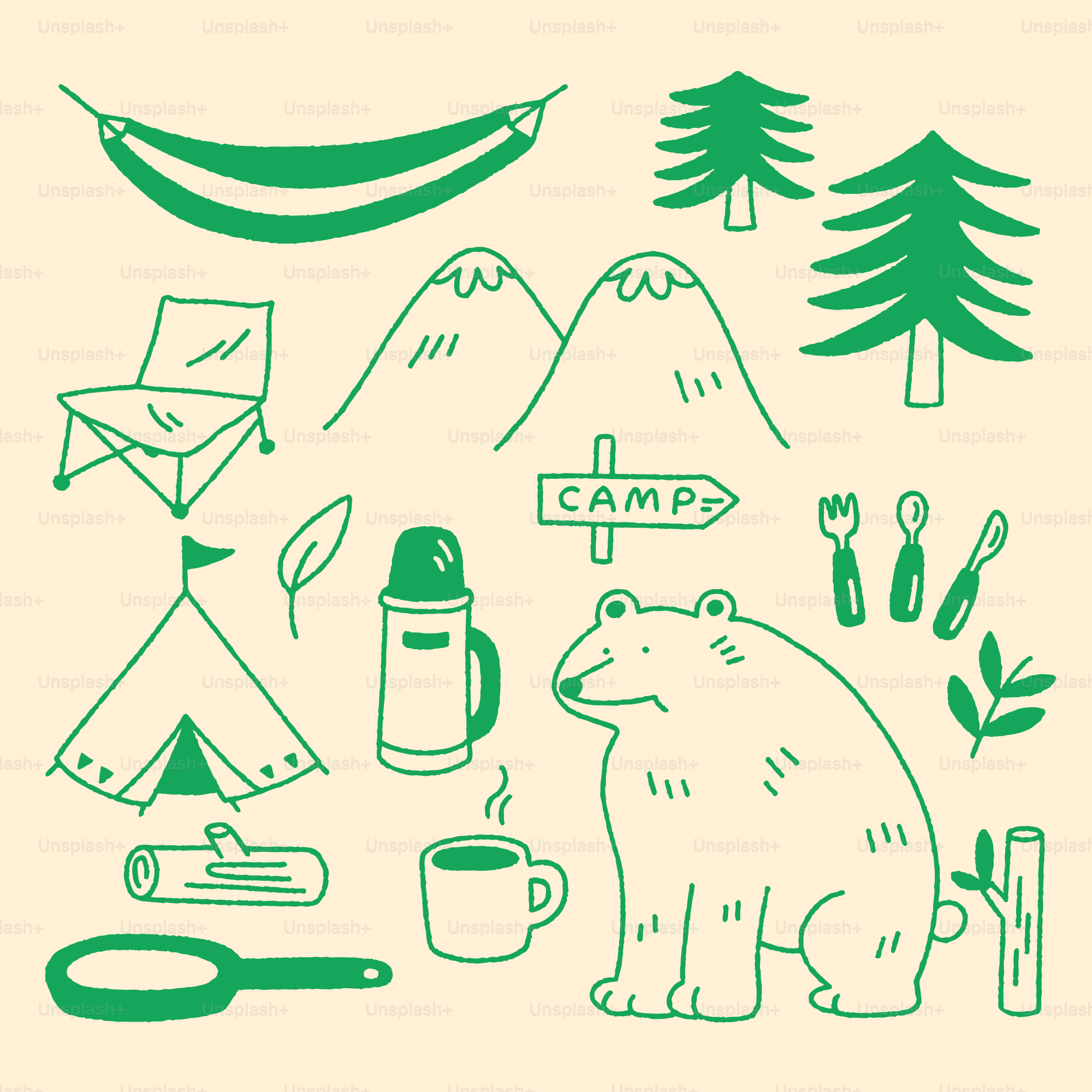 A drawing of a bear sitting in front of a camp sign