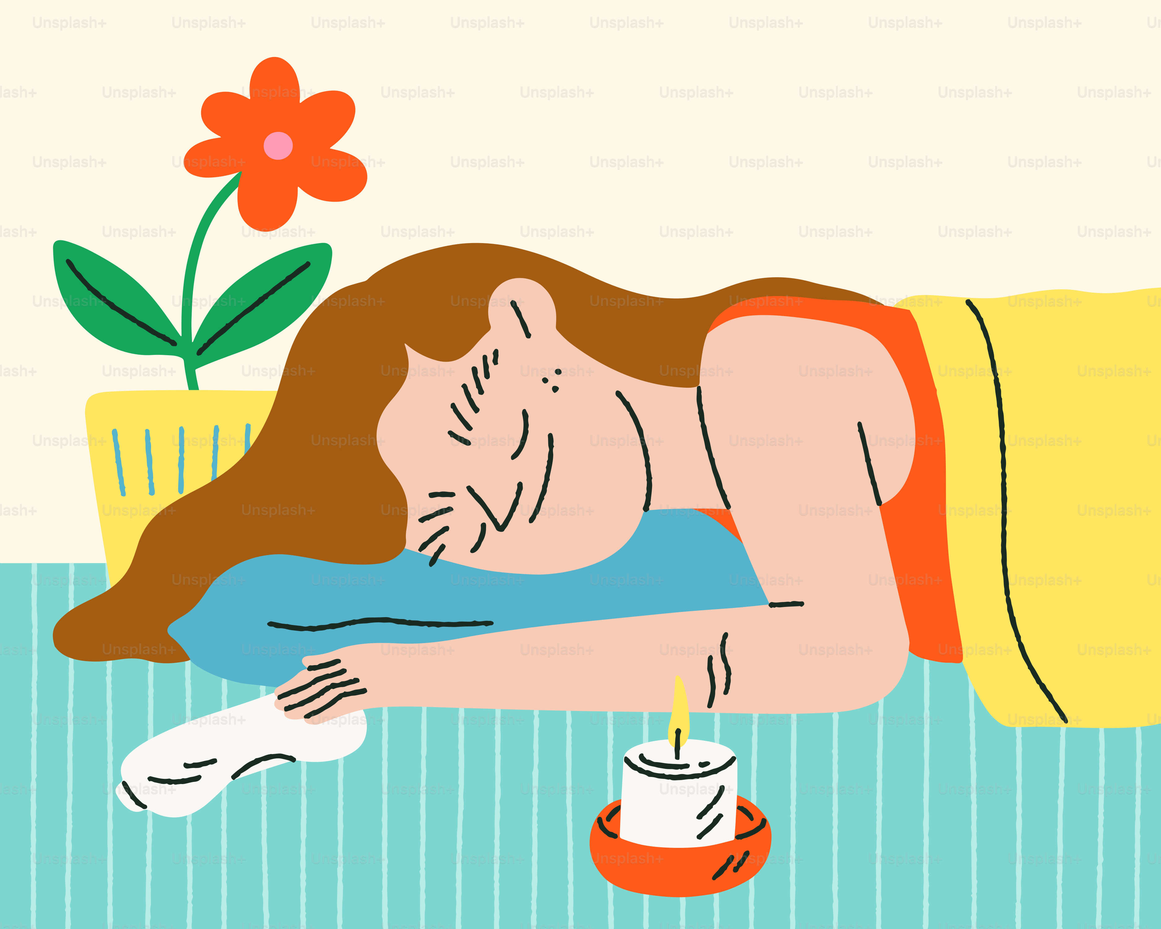 A woman sleeping on a bed with a cup of coffee