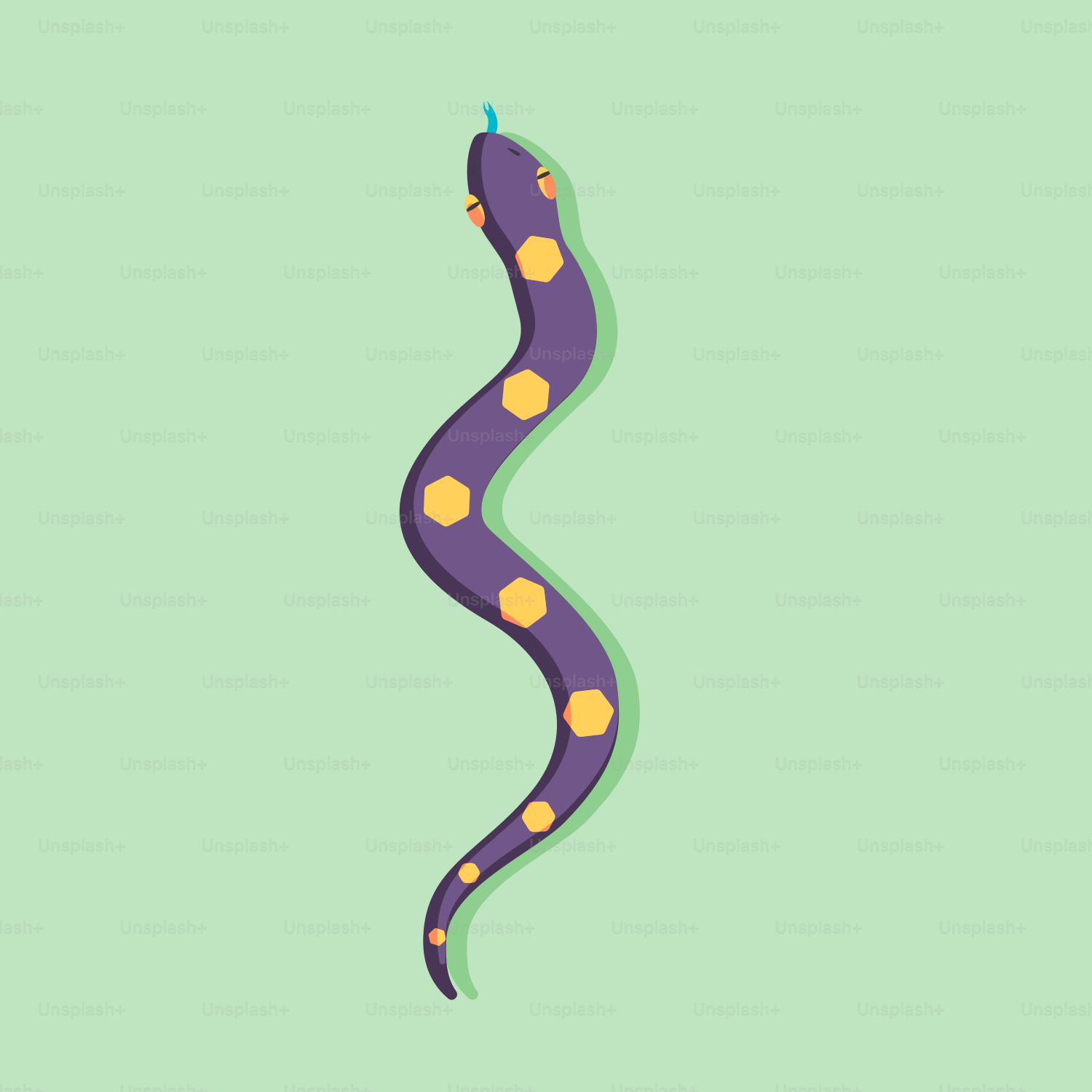 A purple and yellow snake on a green background
