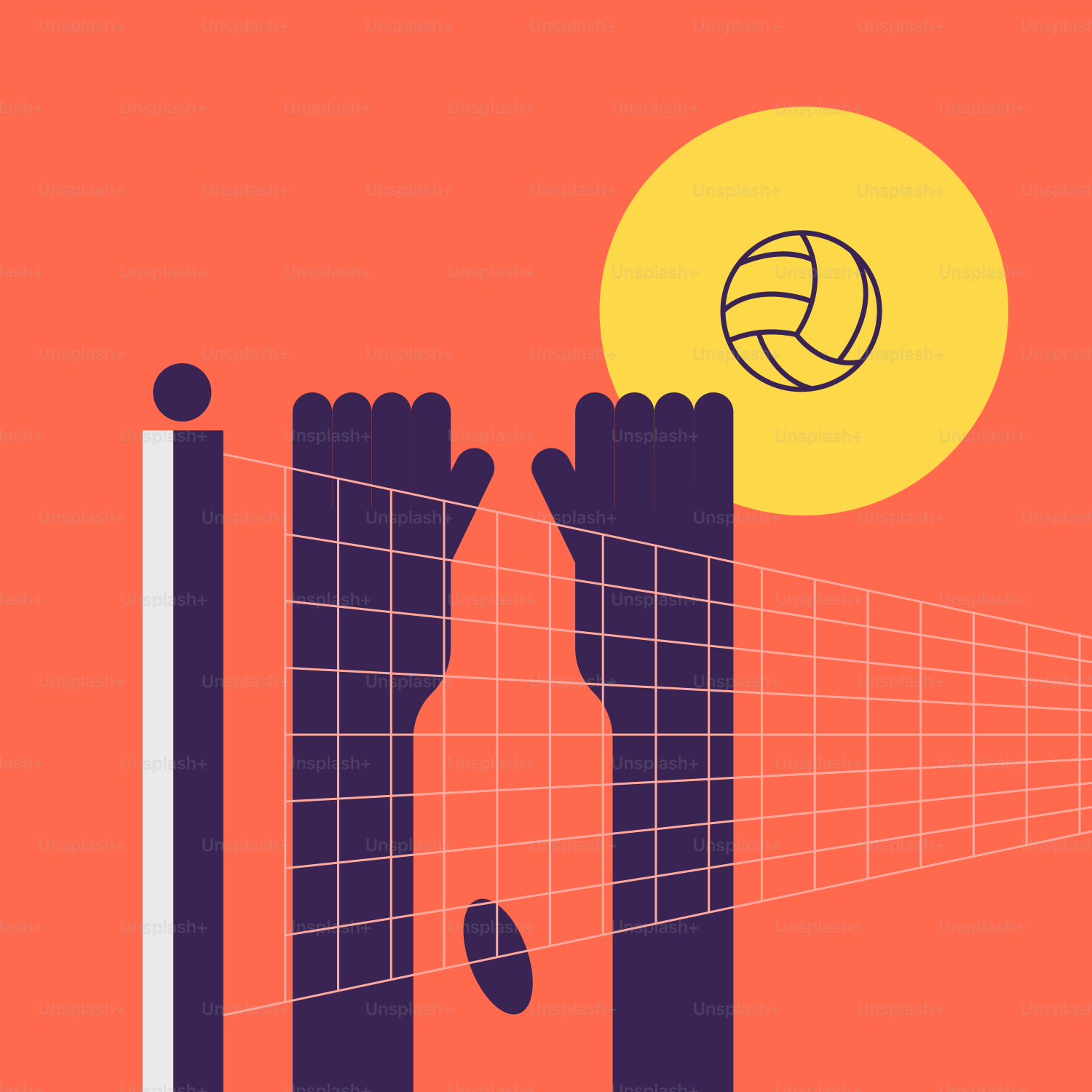 Un poster con una rete da pallavolo e due mani che si allungano verso un pallone