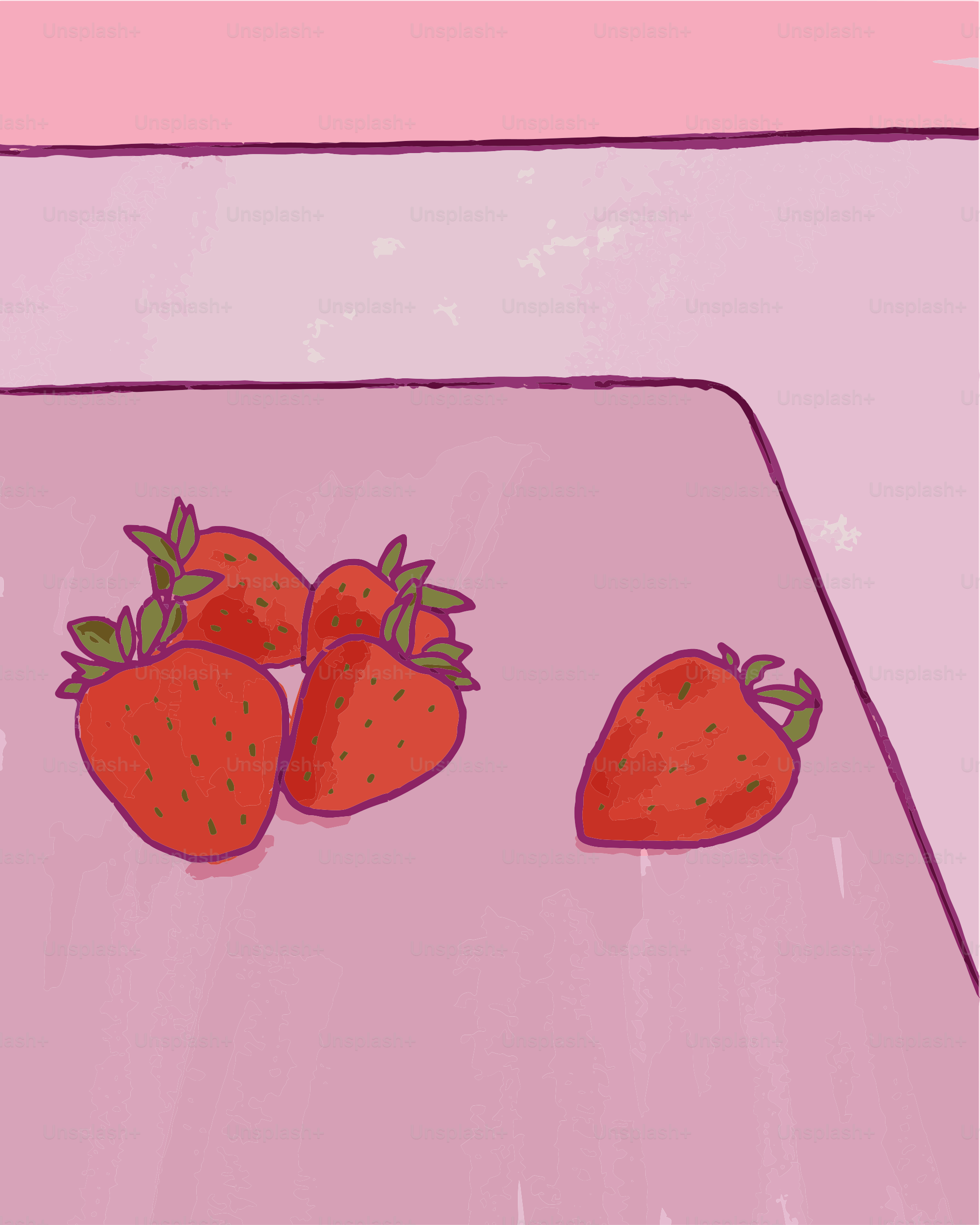 Eine Zeichnung von Erdbeeren auf einer rosa Oberfläche