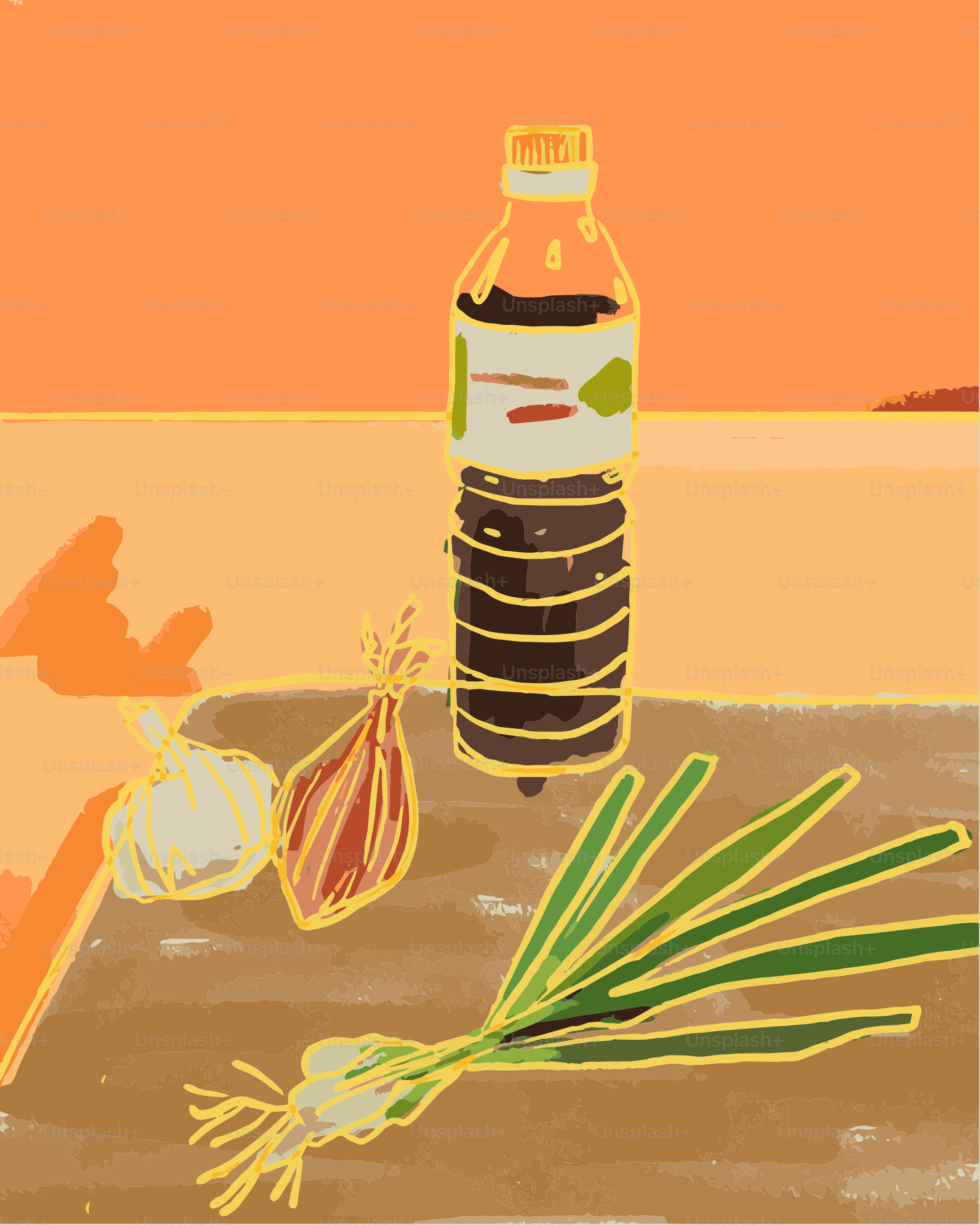 A painting of a bottle of oil, onions, and garlic