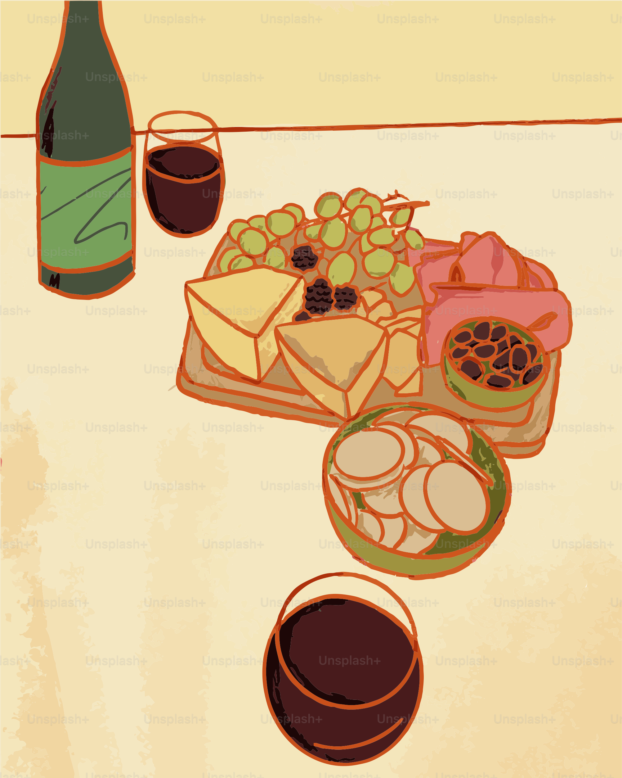 A table topped with a bottle of wine and a plate of food