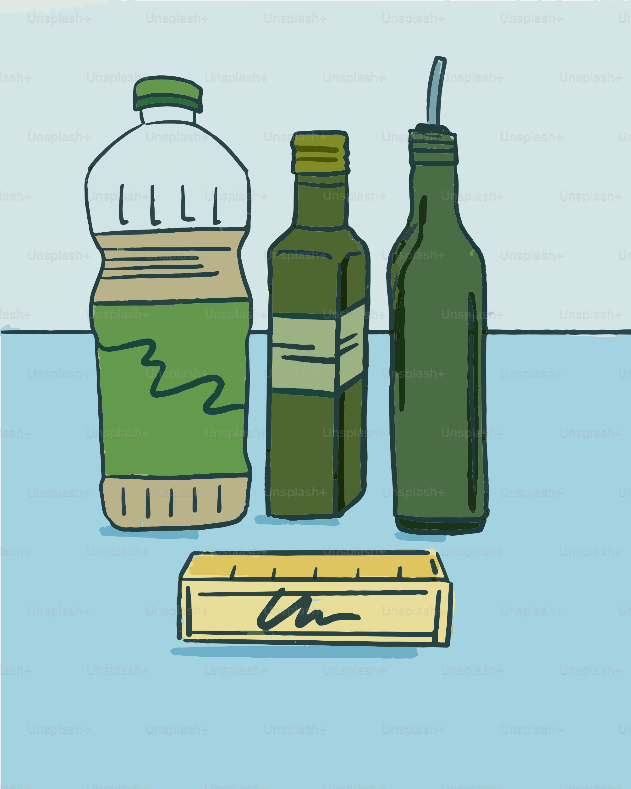 Un dibujo de tres botellas y una regla