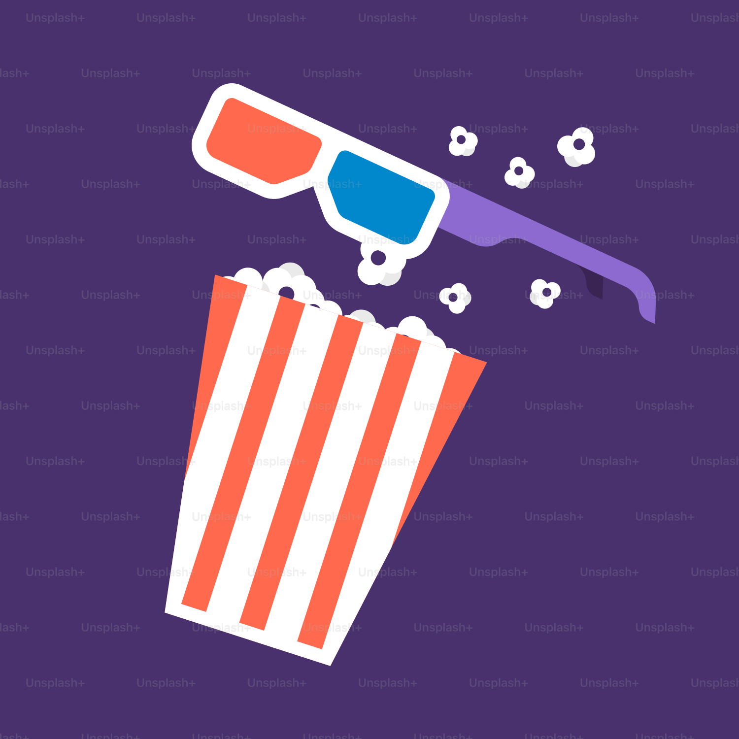 A purple background with a red and white striped bag of popcorn and a pair of