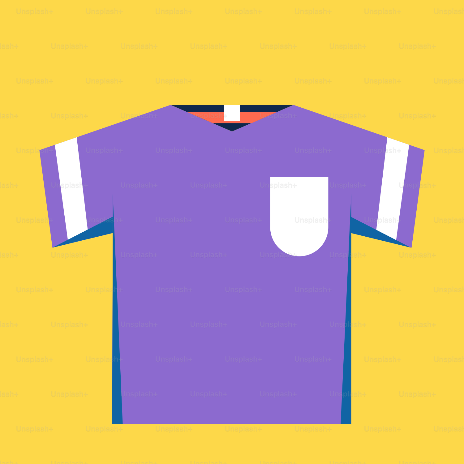 A purple shirt with a white pocket on a yellow background