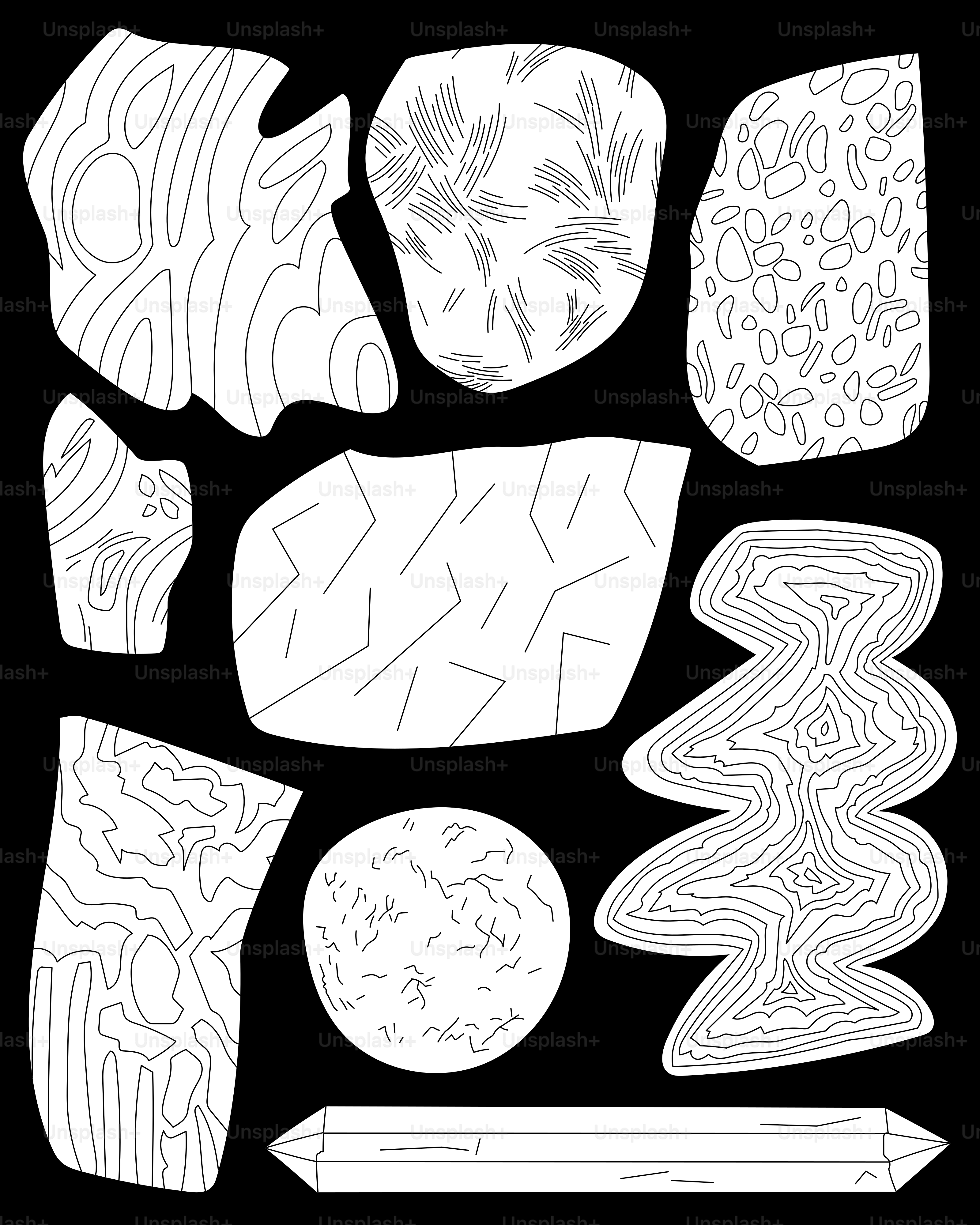 A black and white drawing of a variety of shapes
