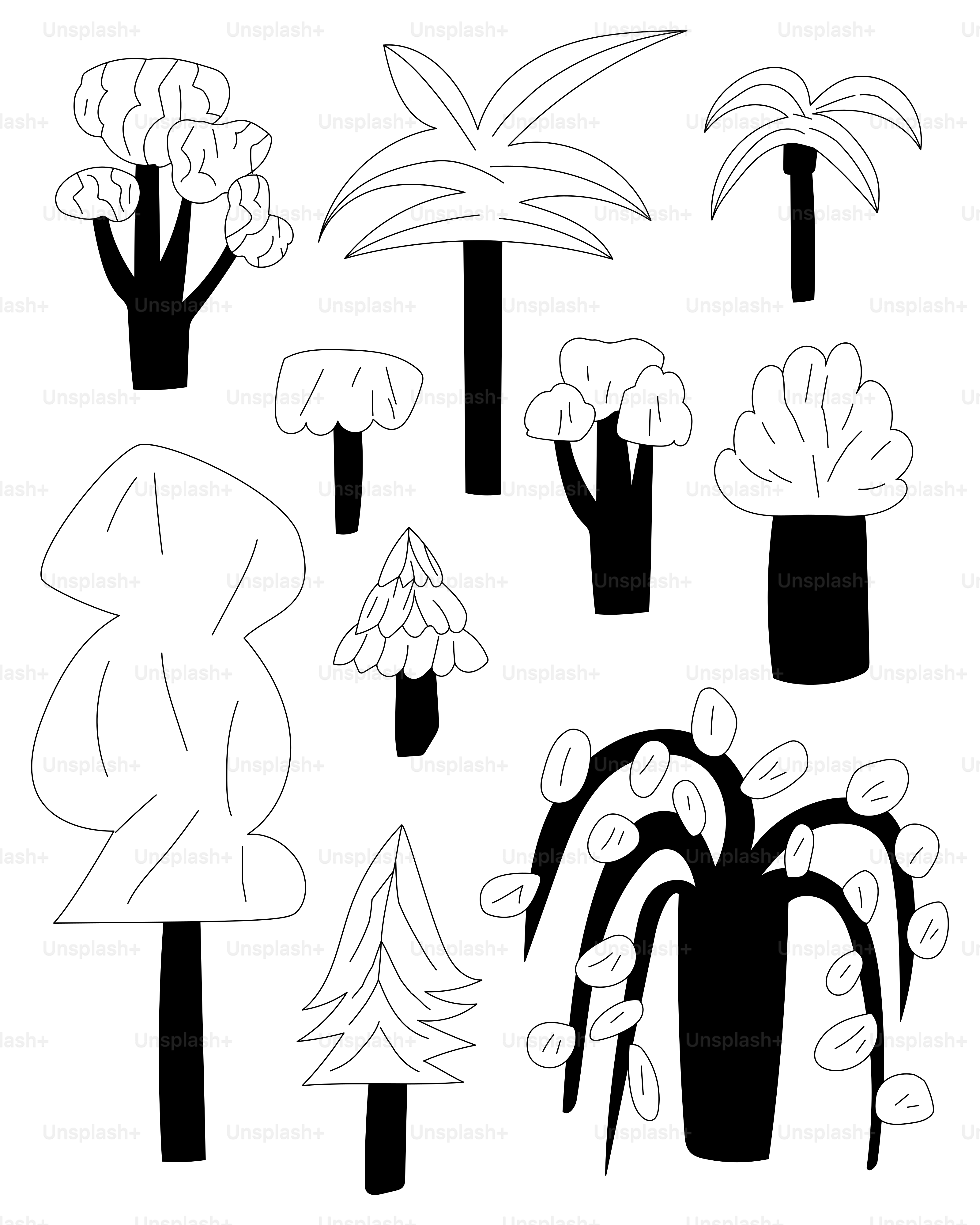 A black and white drawing of trees and bushes