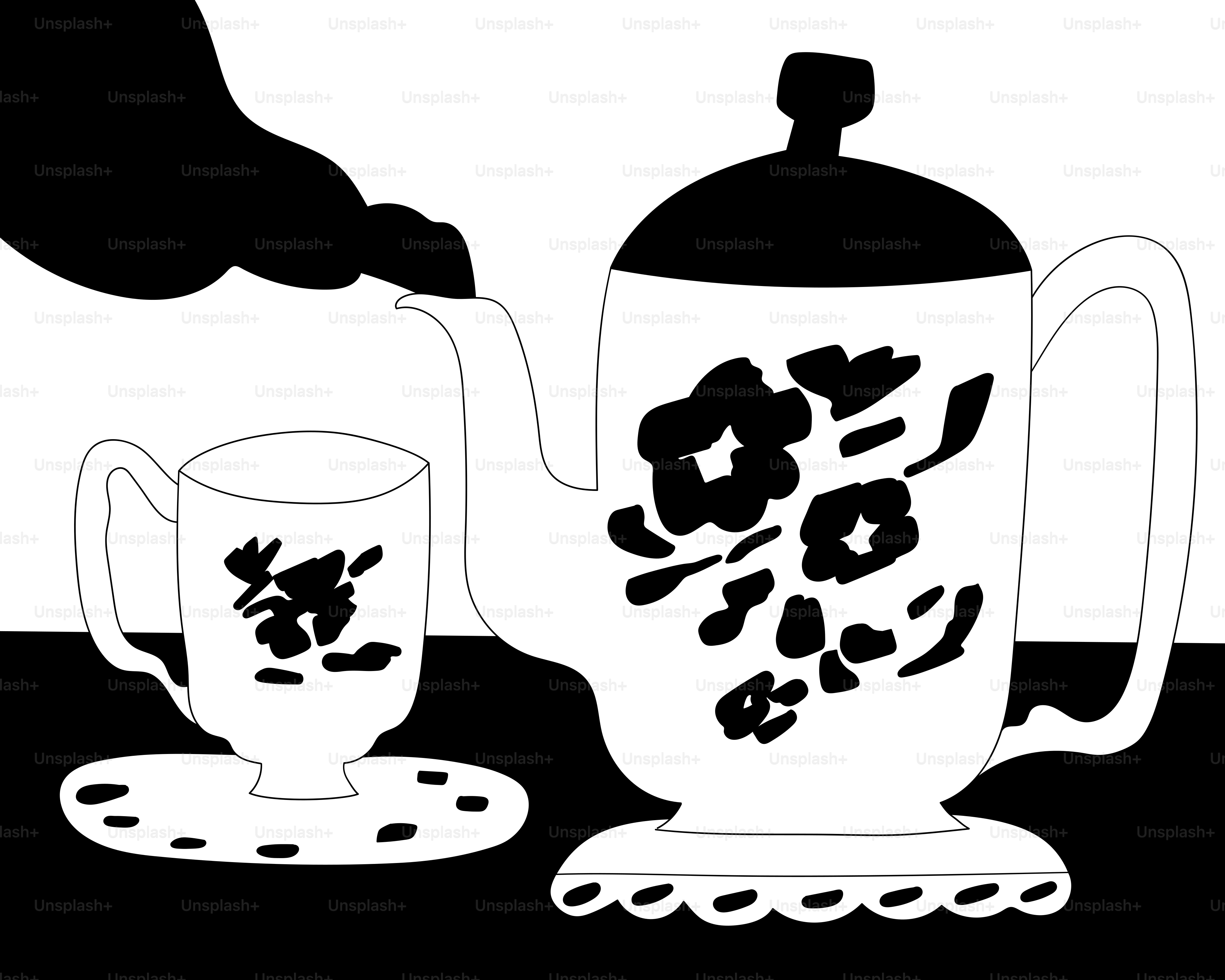 A black and white picture of a teapot and a cup