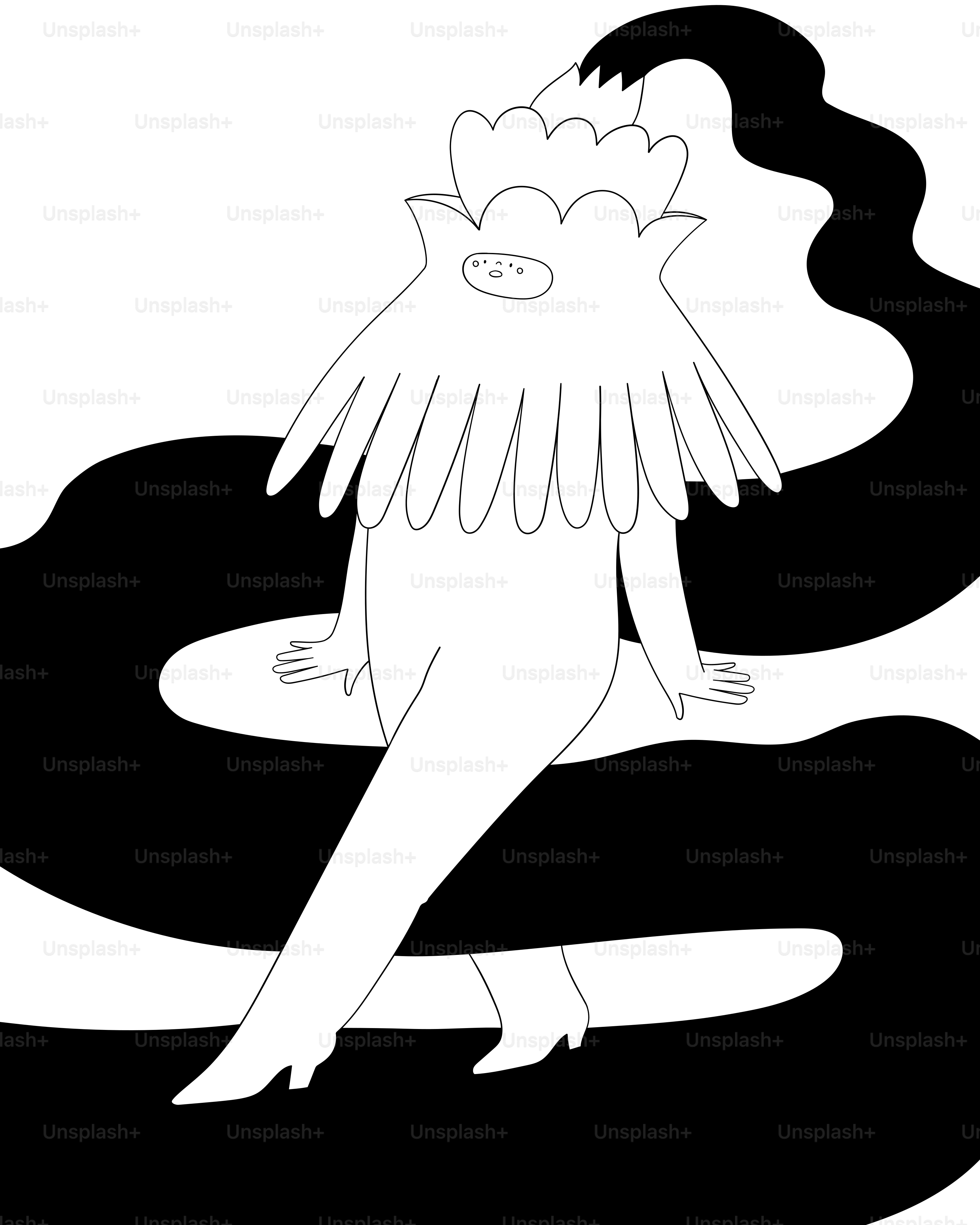 A black and white drawing of a woman sitting on a snake