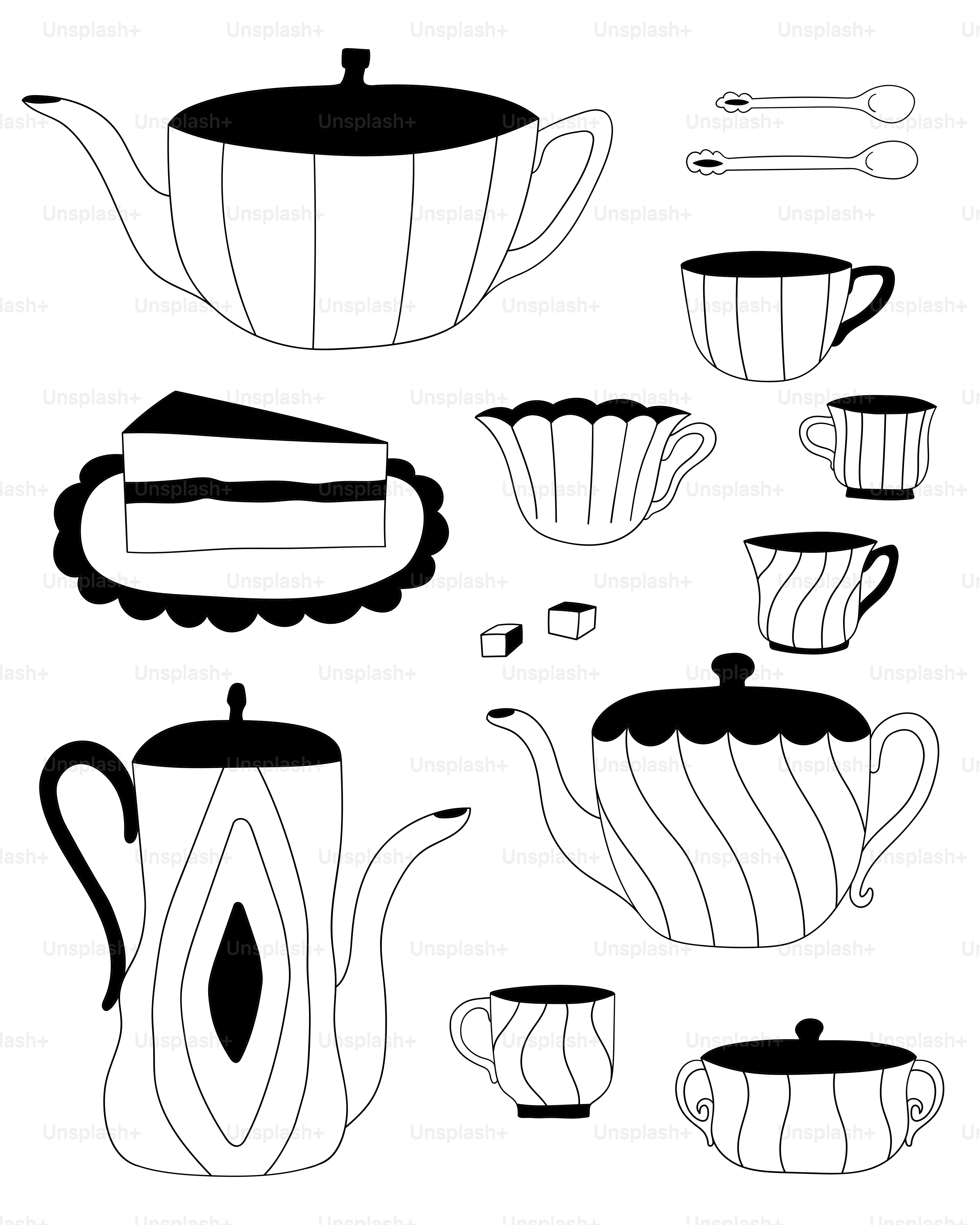 Um desenho em preto e branco de um conjunto de chá vetor – Imagem sobre  Ilustração na Unsplash, image size:3000x3750