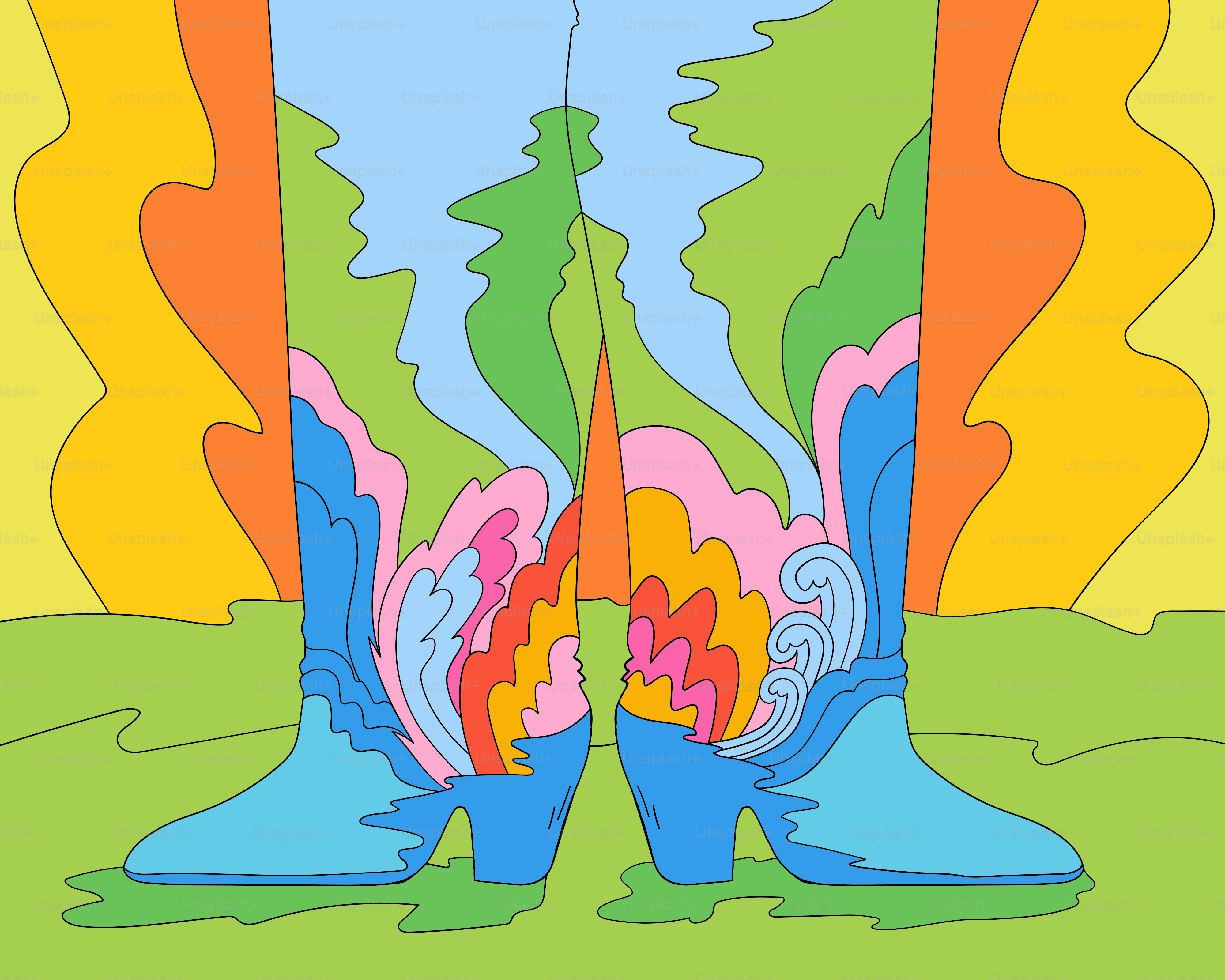 Un paio di stivali colorati seduti in cima a un campo verde