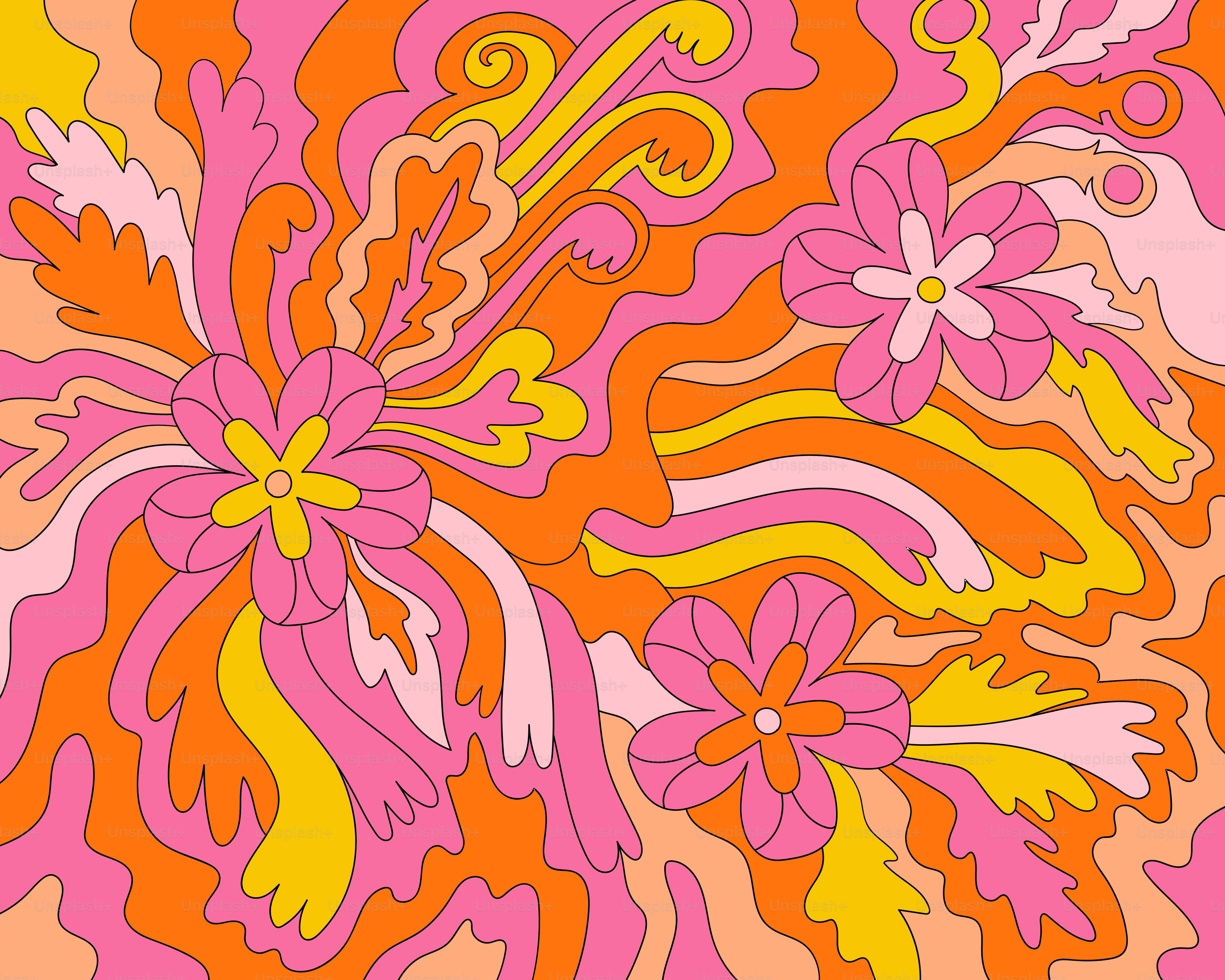ピンクと黄色の背景にカラフルな花が描かれています