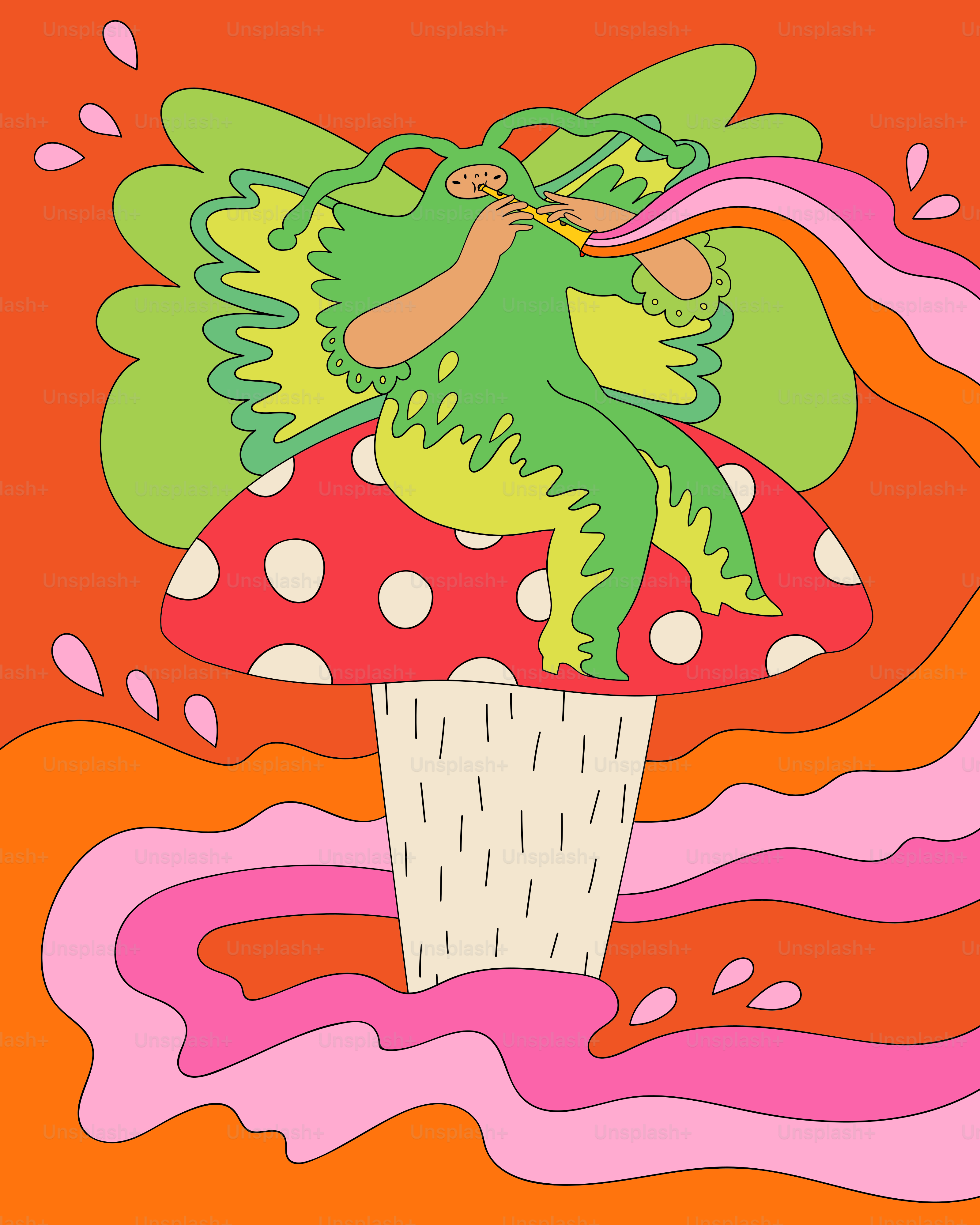 Un disegno di una fata seduta su un fungo