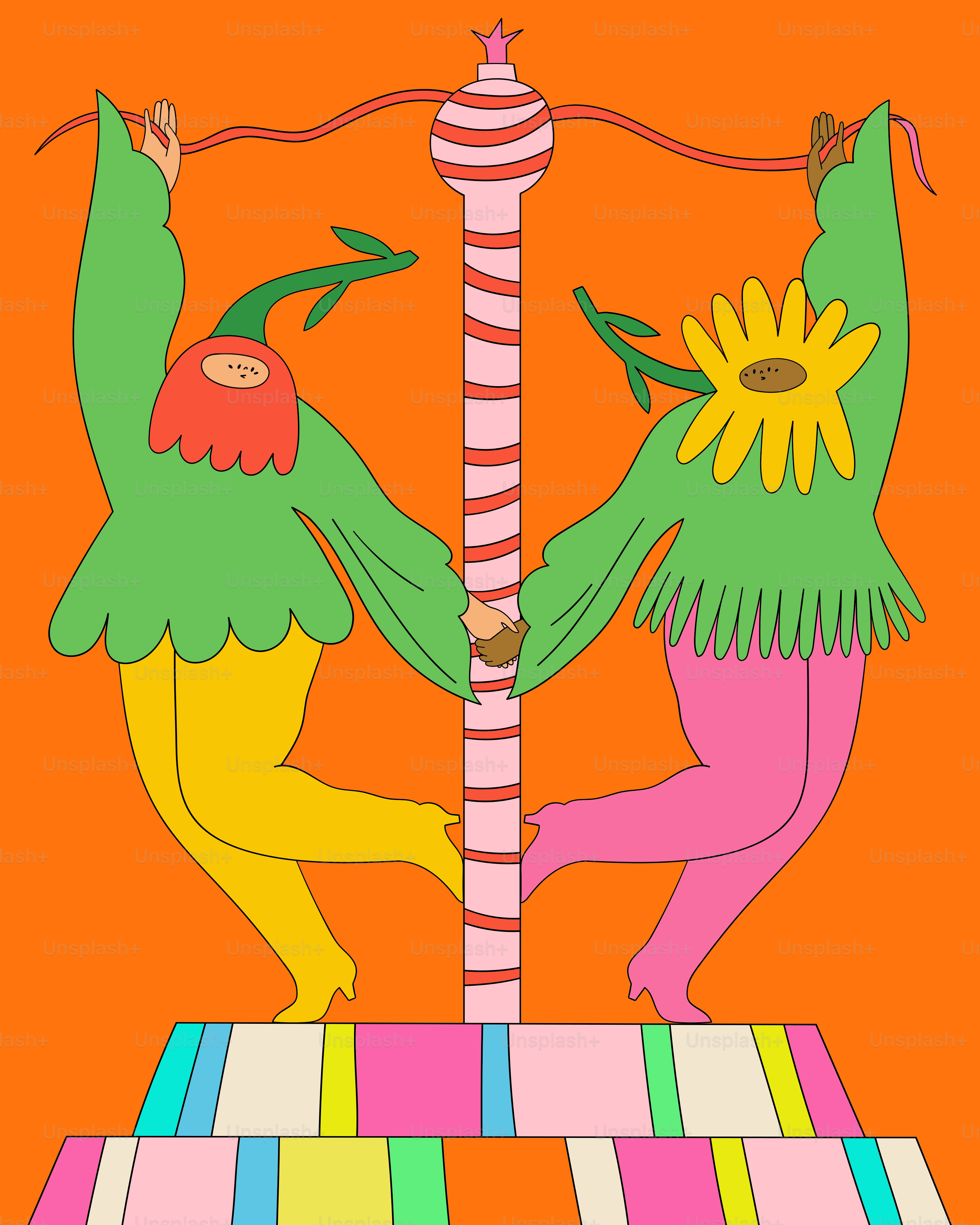 Ein paar Leute, die auf einem bunten Boden stehen