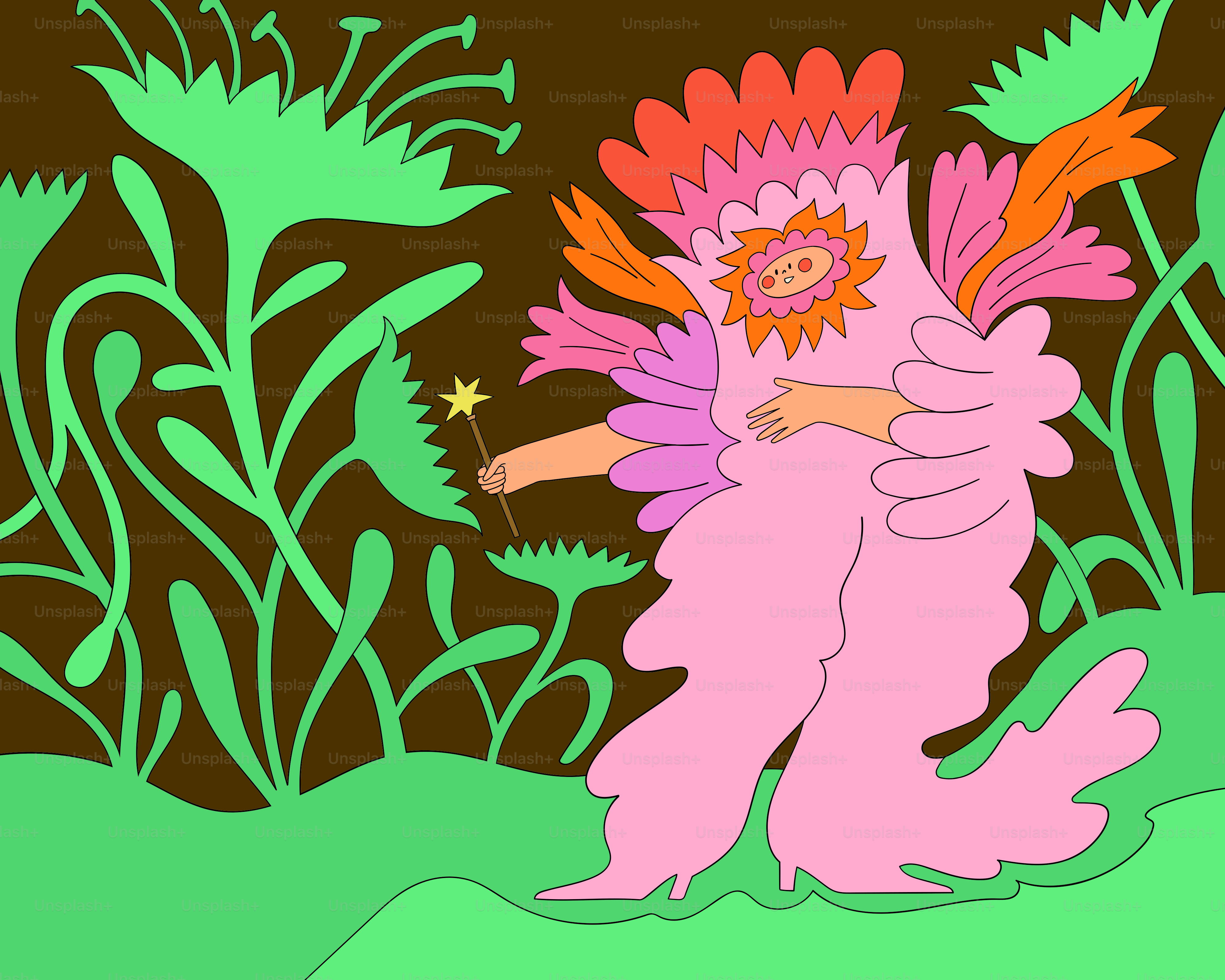 Una foto di un uccello rosa con un fiore sulla schiena