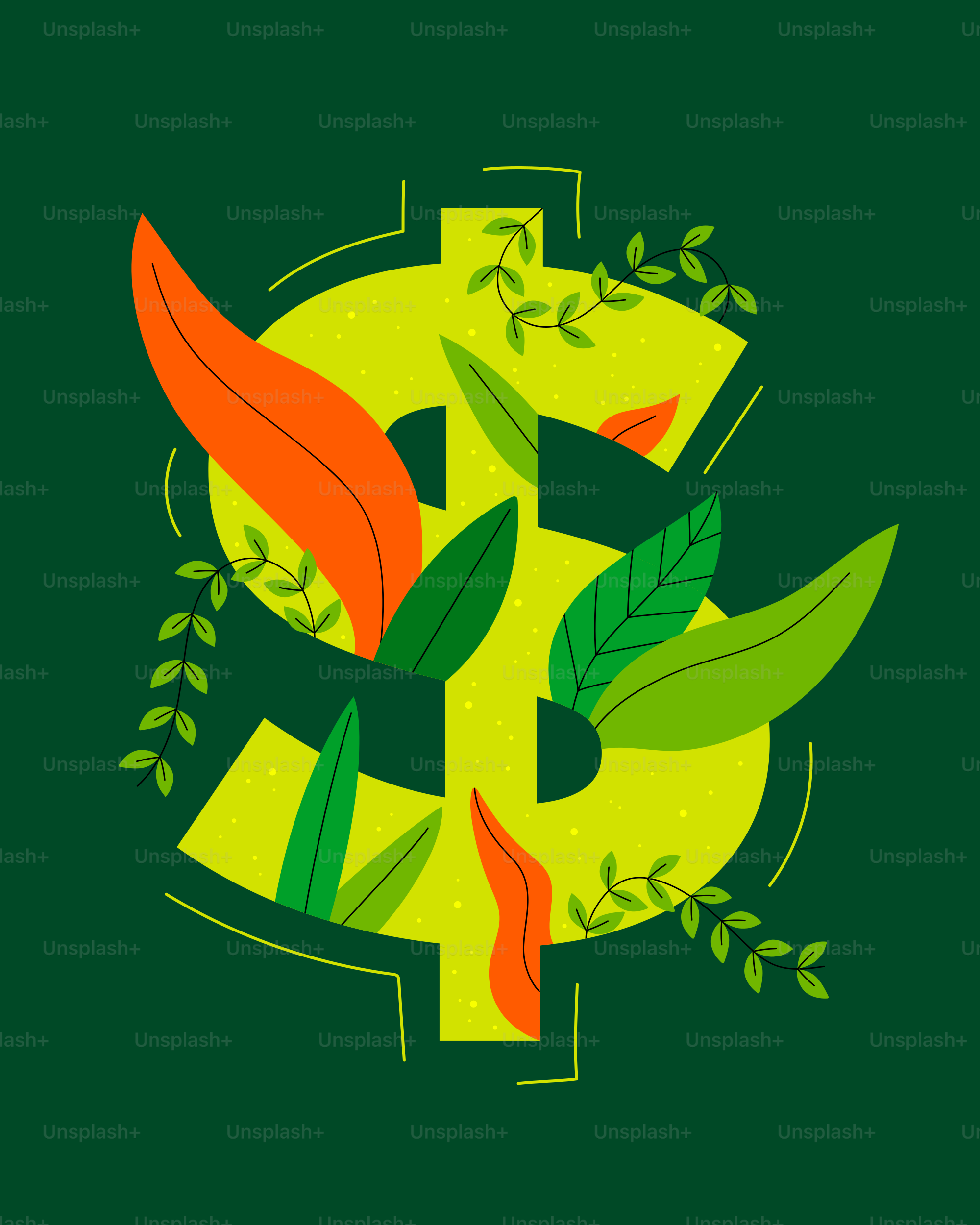 A green background with leaves and a dollar sign
