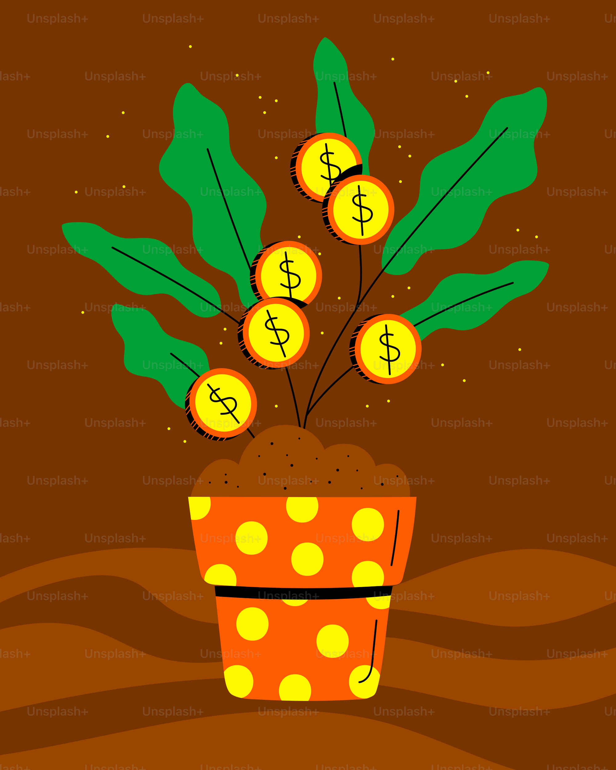 A potted plant with money growing out of it