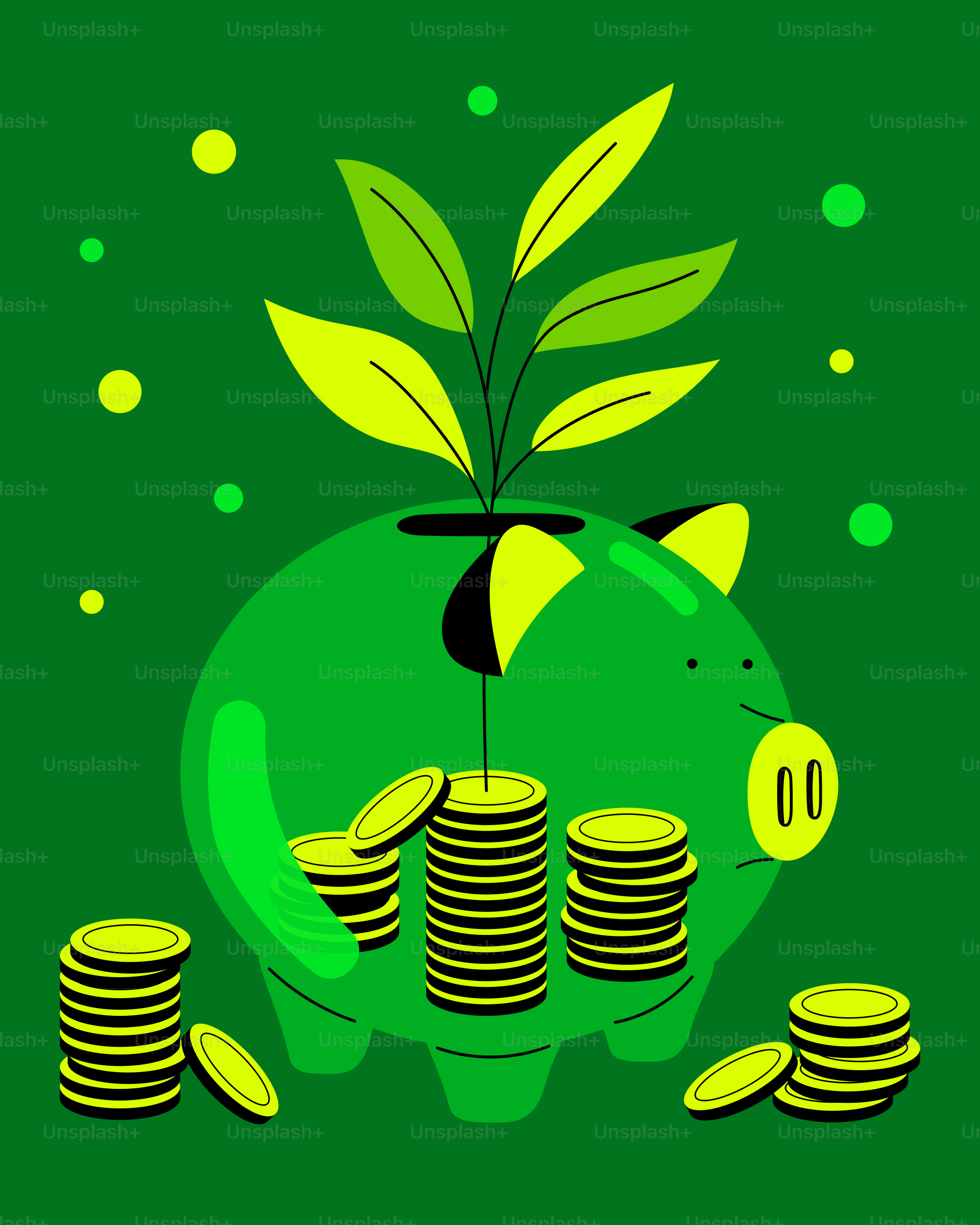 Ein grünes Sparschwein mit Münzstapeln