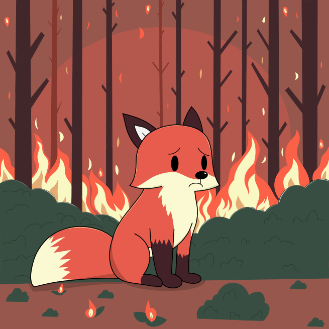 A red fox sitting in the middle of a forest