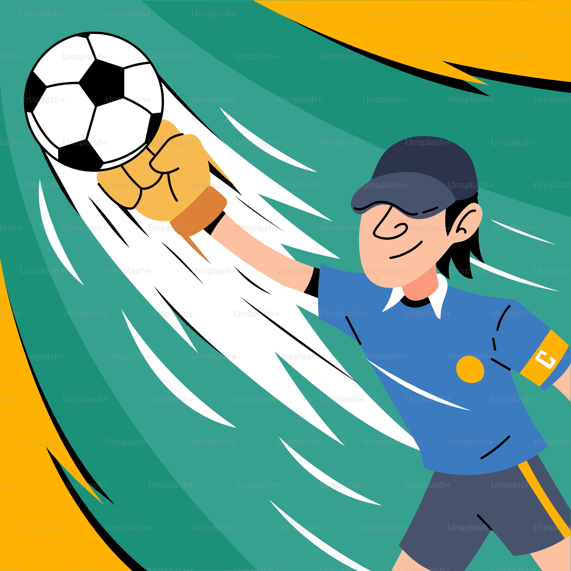 Una caricatura de un jugador de fútbol pateando una pelota de fútbol