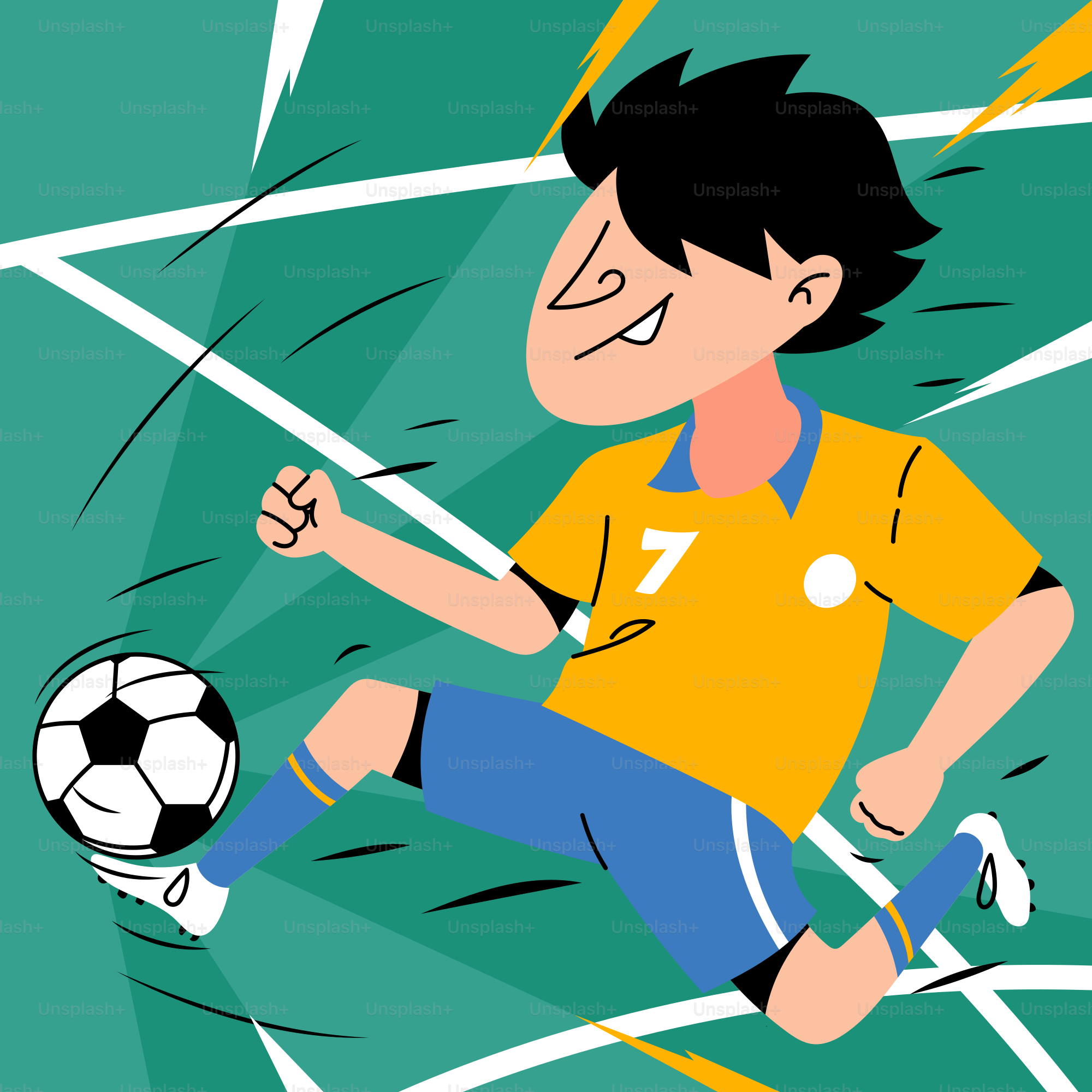 A cartoon of a boy kicking a soccer ball