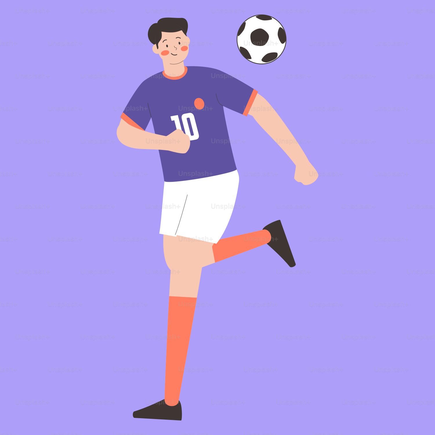 A man is kicking a soccer ball on a purple background