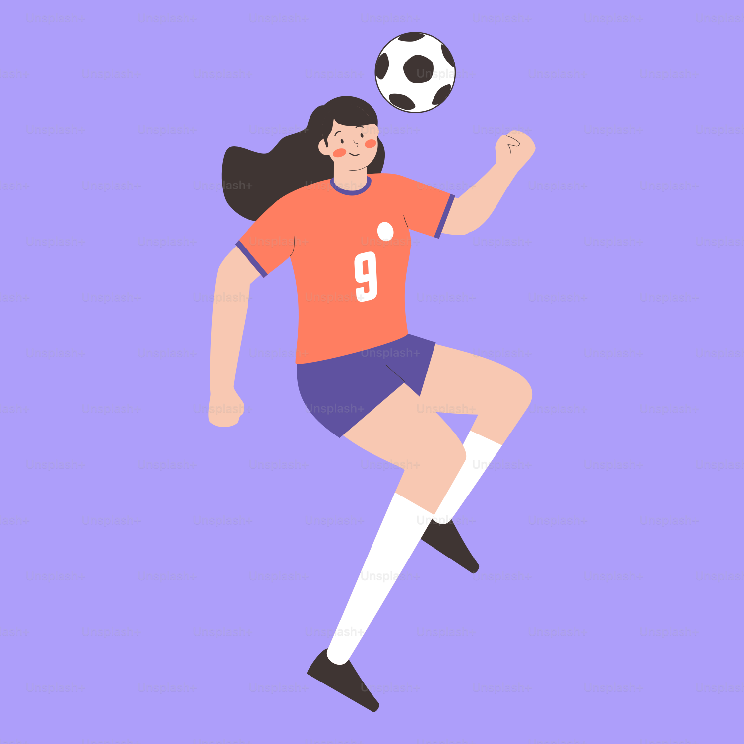 A woman kicking a soccer ball on a purple background